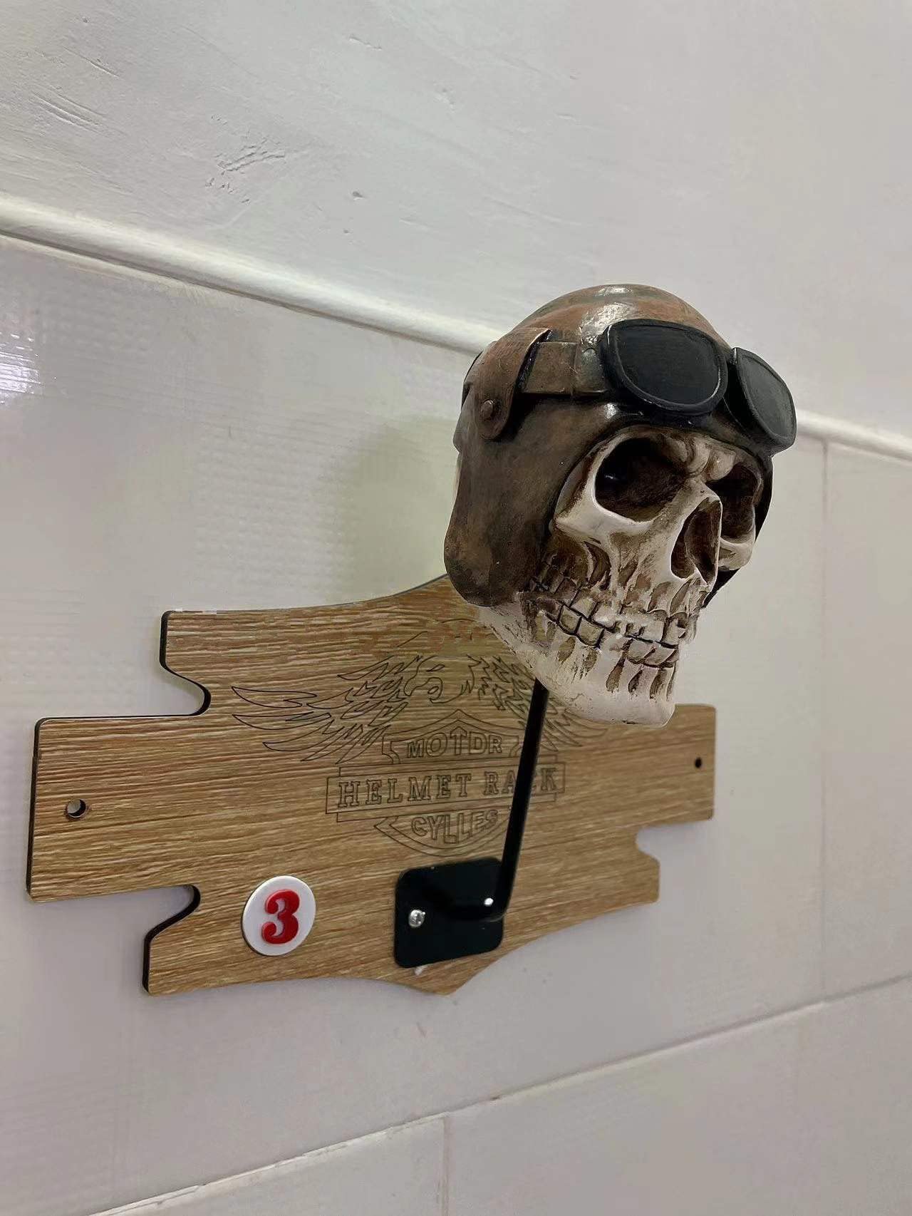 Motorcycle Skull Helmet Holder - Wall Mounted Resin Helmet Stand for Bikes, Pilot Helmets, Coats, Caps & Sports Gear | Perfect for Garage, Man Cave & Motorcycle Accessories Storage
