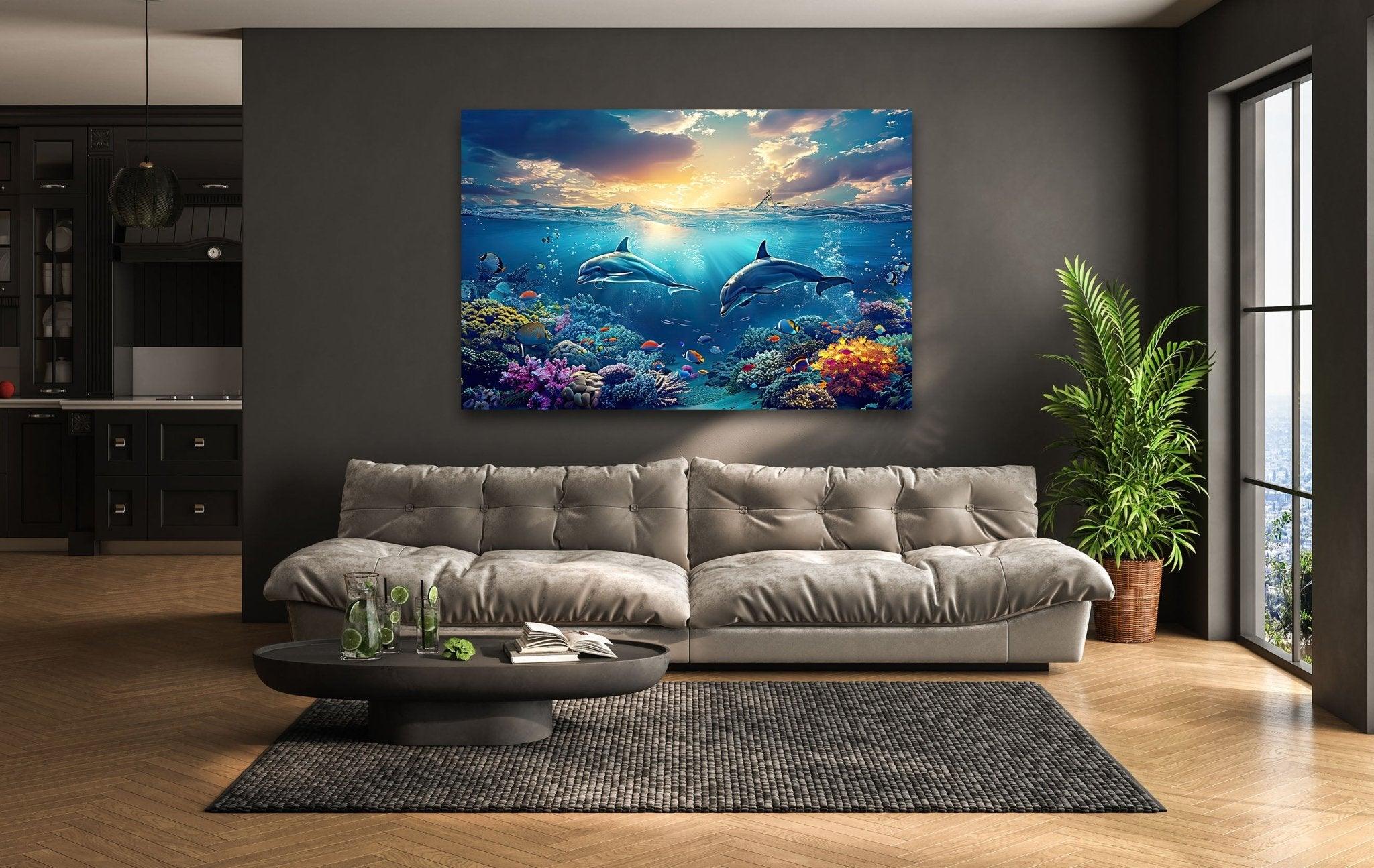 Stunning Dark Blue Dolphins Glass Wall Art - Handmade Ocean Themed Decor for Living Room, Bedroom & Office