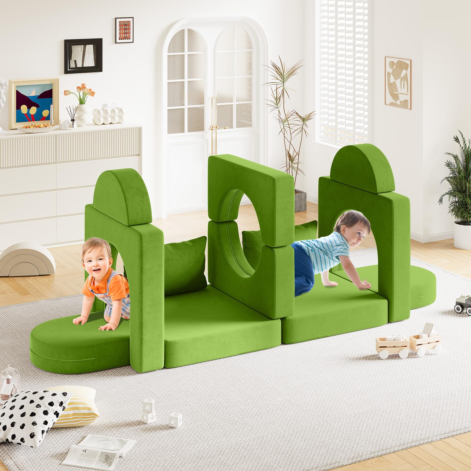 12PCS Modular Kids Play Couch with 2 Pillows & Tunnel - Foldable Toddler Sofa for Playroom & Bedroom - 2000+ Creative Play Ideas - Grass Green - Perfect for Indoor Playtime, Reading Nook & Imaginative Games (Boys & Girls)