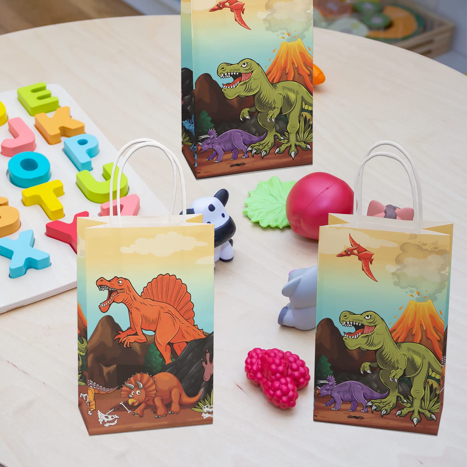 Dinosaur Party Favor Bags with Handle - 30pcs Small Dinosaur Themed Gift Bags for Birthday Parties, Baby Showers & Holiday Events | Bulk 9x5.5x3.3 Inch Goodie Bags for Candy, Donuts & Party Favors | Perfect for Kids Birthday Decorations & Dinosaur Theme Events
