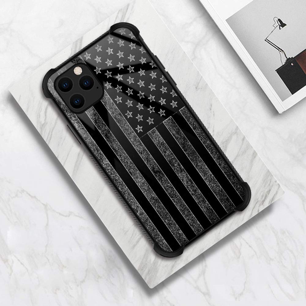 American Flag iPhone 11 Pro Max Case - Black & White Patriotic Design with Tempered Glass Back & Soft Silicone TPU Shock Protection | Perfect for Everyday Use, Travel, and Outdoor Activities