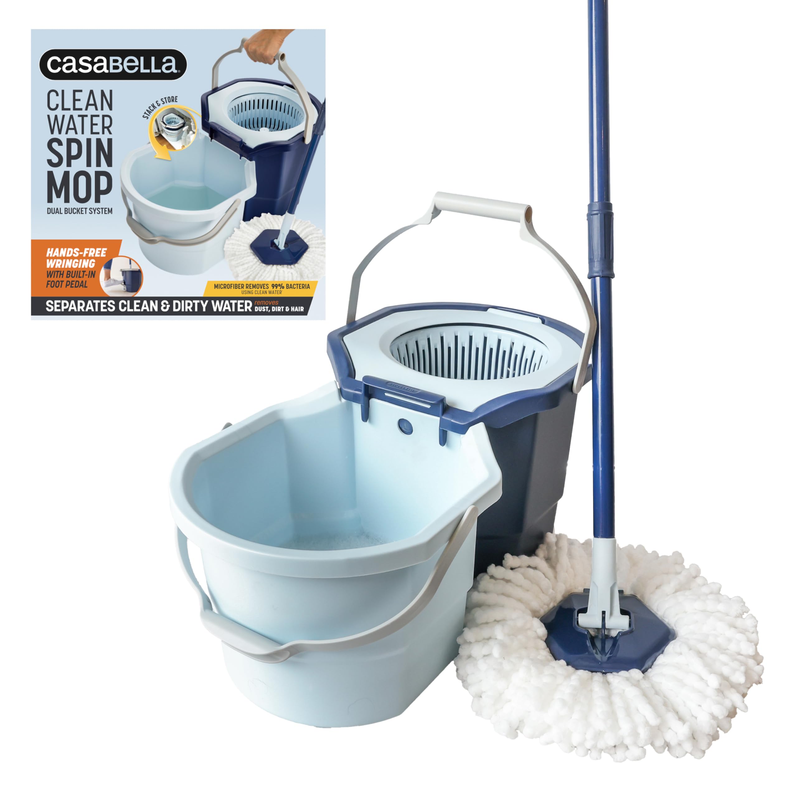 Casabella Clean Water Microfiber Spin Mop and Bucket System - Blue | Efficient Floor Cleaning for Hardwood, Tile & Laminate | Perfect for Homes, Offices & Commercial Spaces