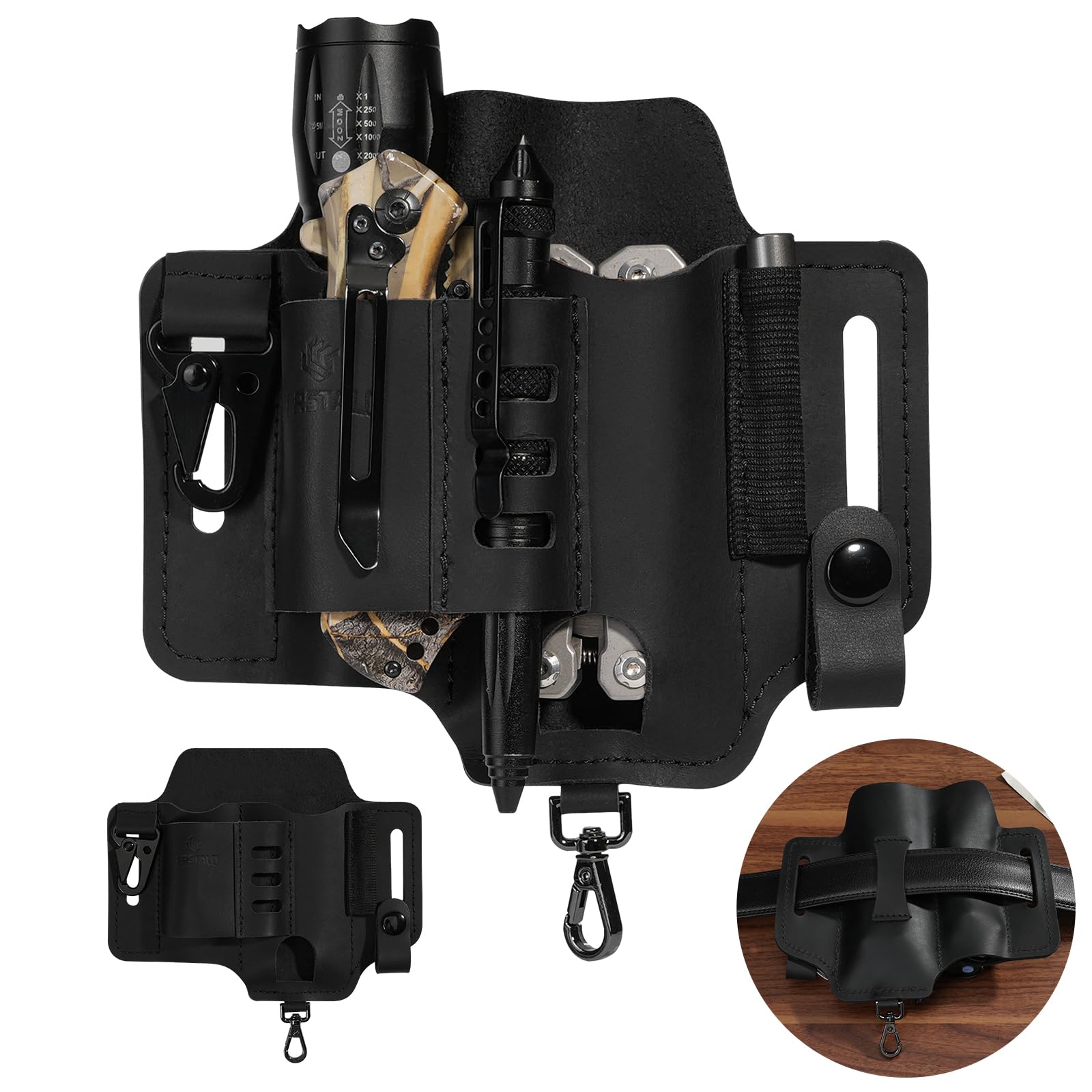 Leather Multitool Belt Sheath - EDC Pocket Organizer with 3 Hooks, Flashlight Holster, Pen & Keys Holder | Knife Sheath for Men | Perfect for Daily Carry, Outdoor Adventures, Camping & Hiking Gear | Black