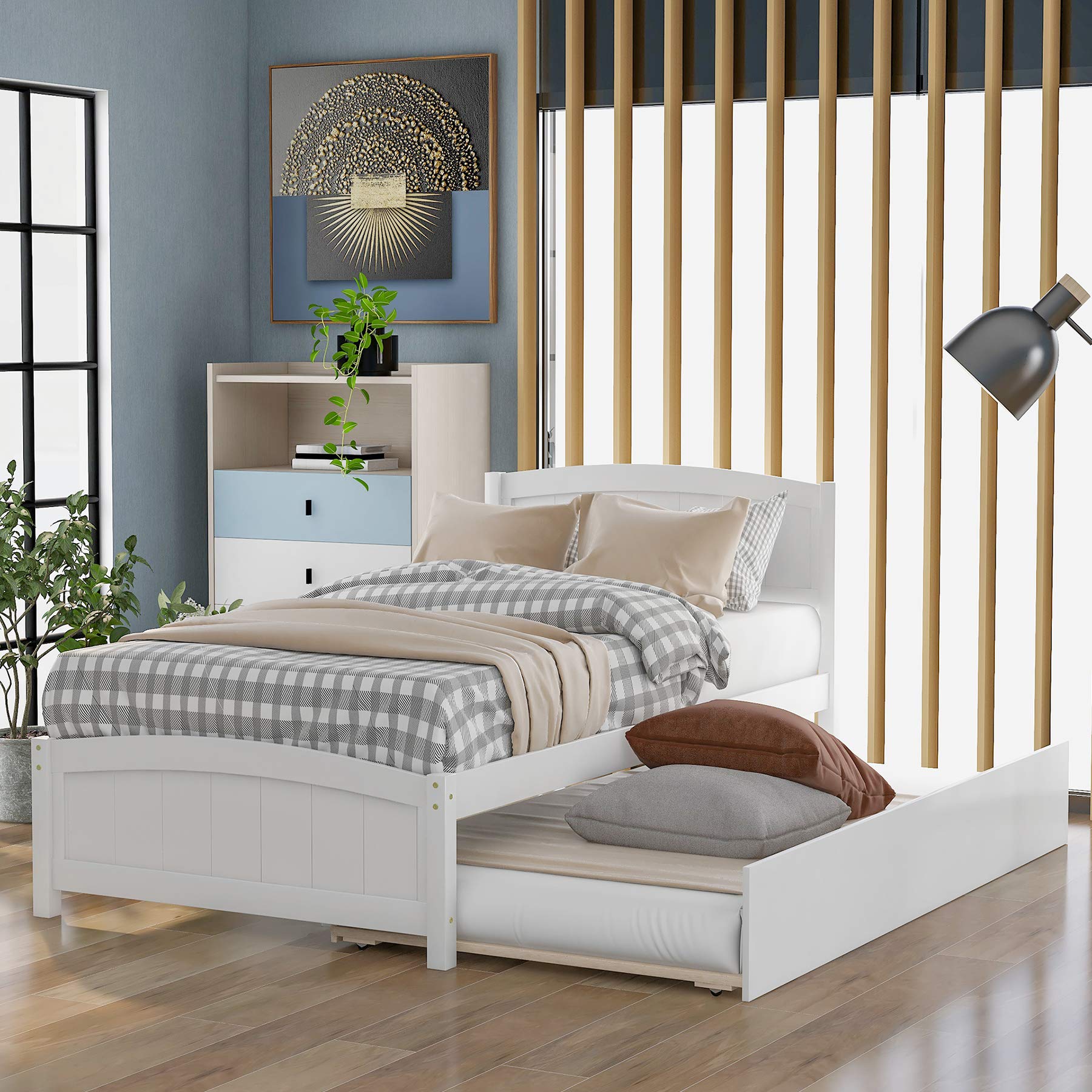 Merax Twin Size Wood Platform Bed Frame with Trundle - No Box Spring Needed, White - Perfect for Kids' Rooms, Guest Bedrooms & Small Spaces