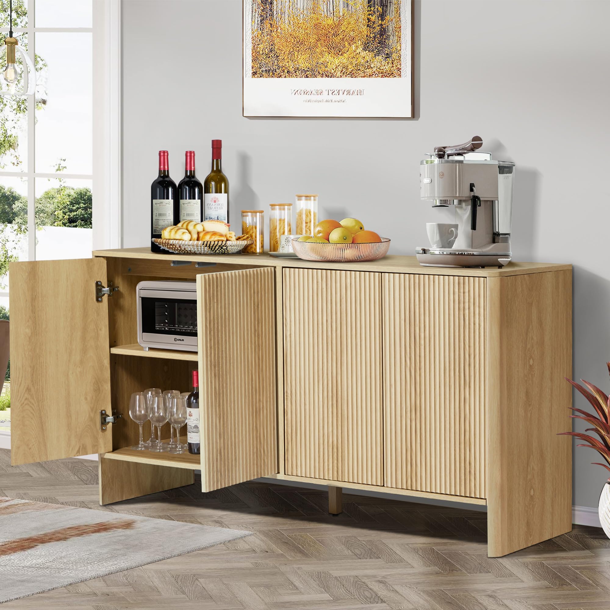 Modern Sideboard Buffet Cabinet with 4 Fluted Doors & Adjustable Shelves - Solid Wood Storage Credenza for Dining Room, Kitchen, Living Room & Entryway - Perfect for Entertaining, Displaying Decor & Organizing Dishes (Natural Finish)