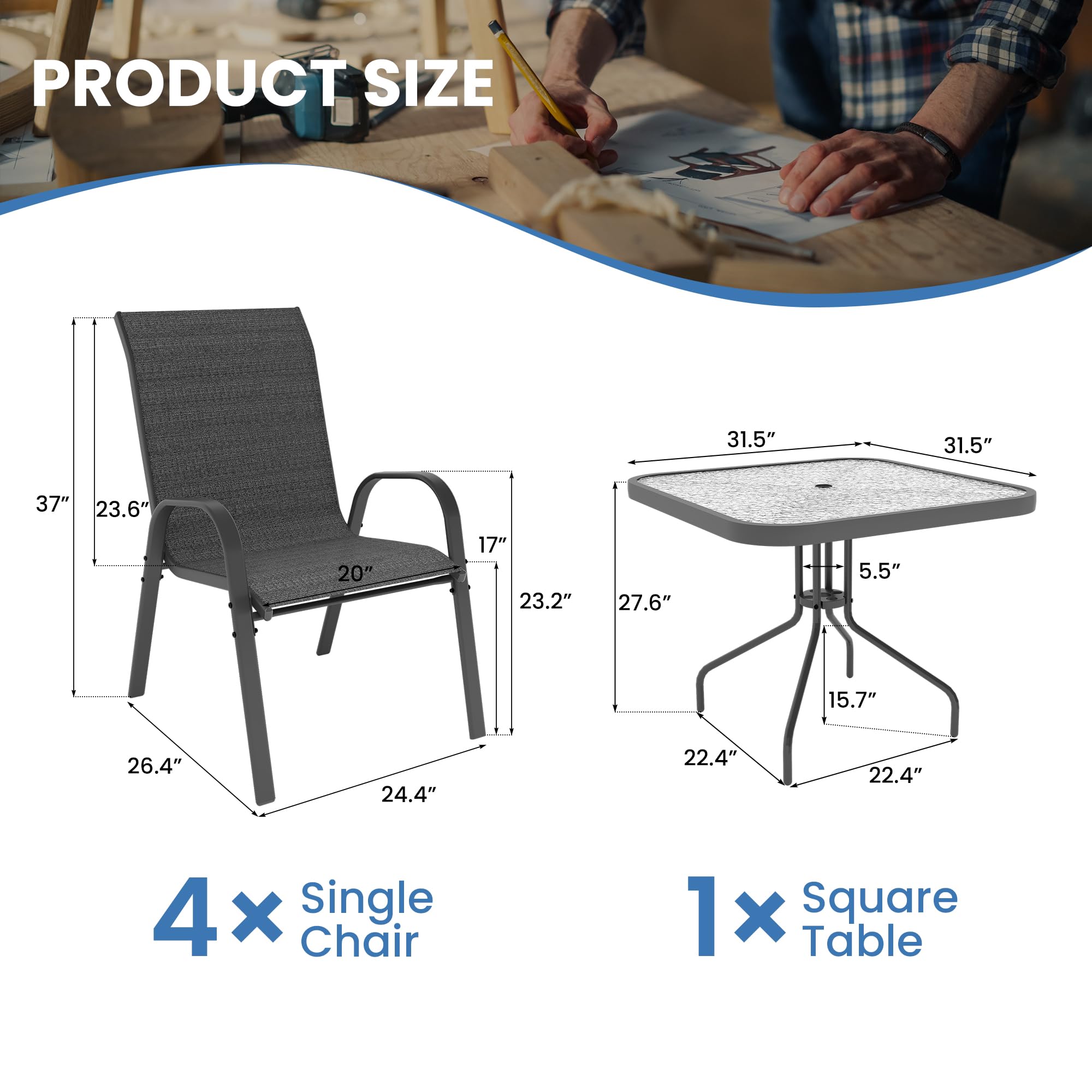 UDPATIO 5-Piece Patio Dining Set with Outdoor Chairs & Square Table - Breathable Fabric & Alloy Steel Frame for Backyard, Porch, Garden, Poolside (Black) | Perfect for Outdoor Entertaining & Relaxation
