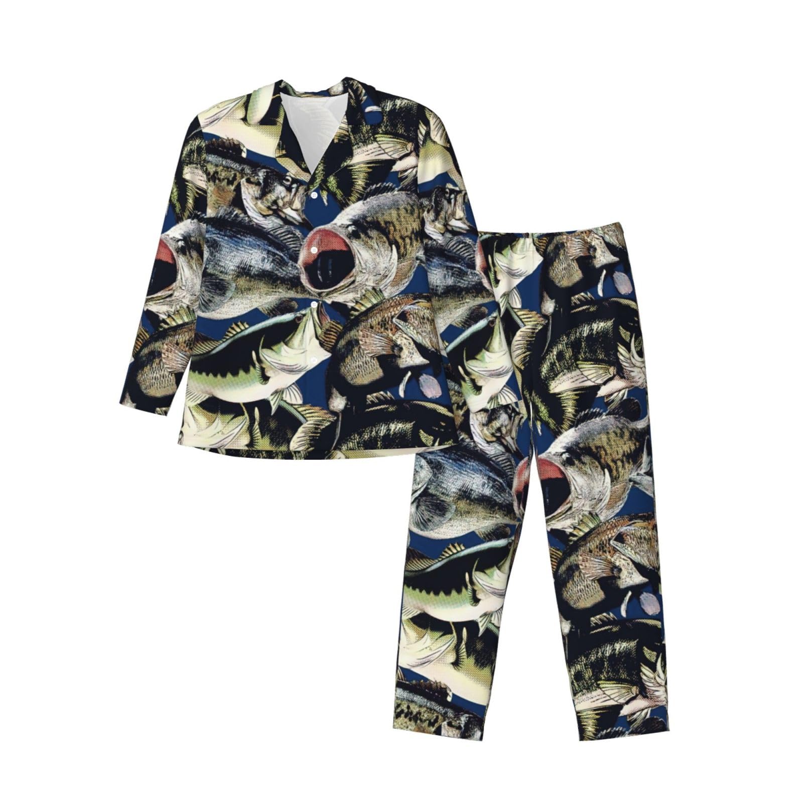 Men's Fish Print Pajama Set - Long Sleeve Button Down Sleepwear with Pockets | Comfortable Lounge Wear for Home, Travel & Relaxation