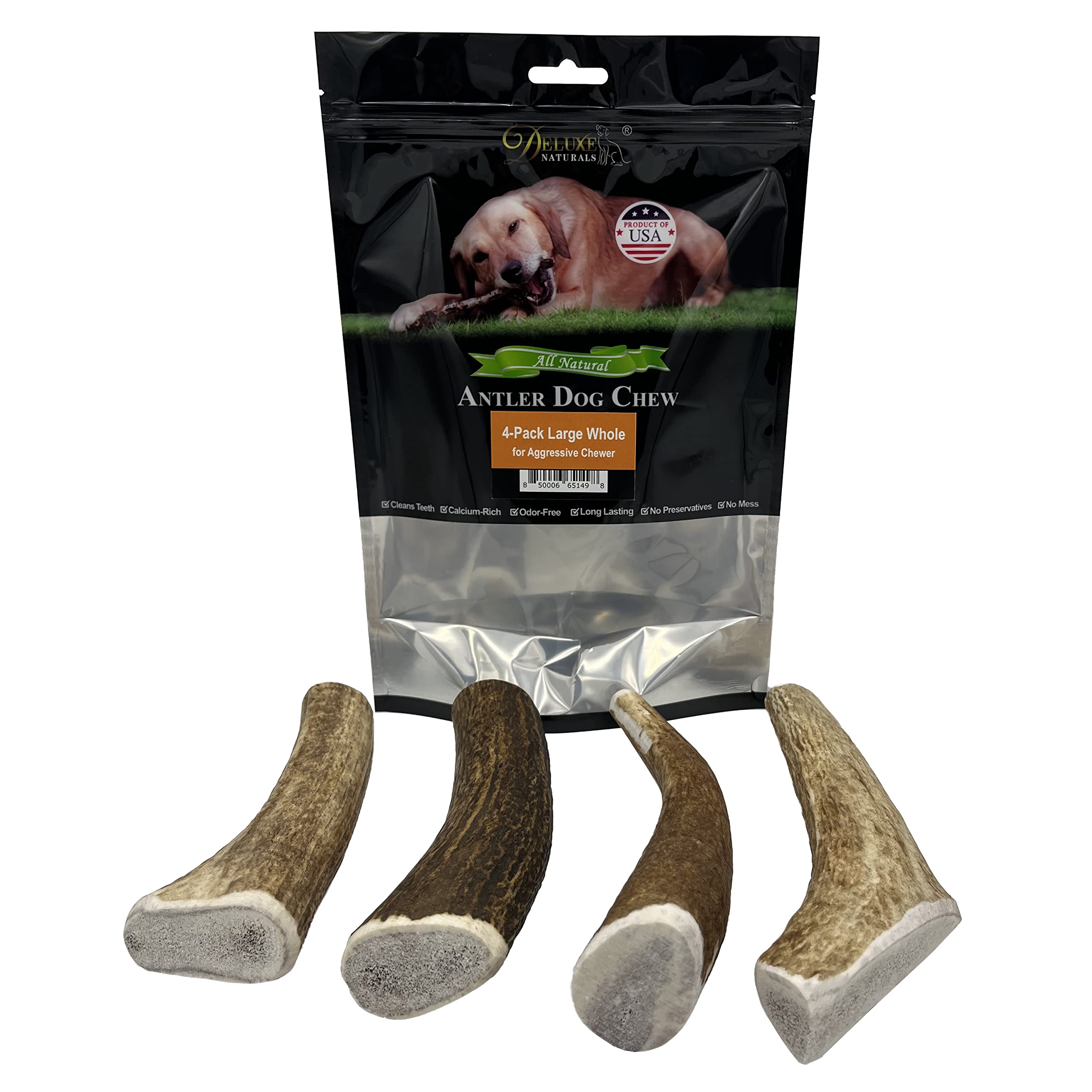 Premium USA-Collected Elk Antler Chews for Dogs - All Natural, A-Grade, Naturally Shed | Large Whole Antlers 4-Pack | Long-Lasting Dental Chews for Aggressive Chewers | Perfect for Teething Puppies & Adult Dogs