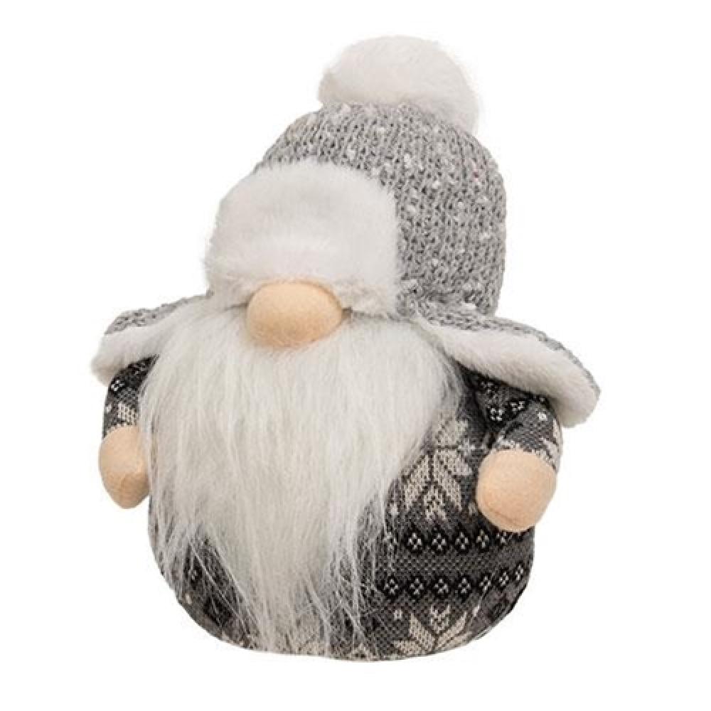 Gray & White Trapper Hat Gnome Sitter - Cozy Winter Outdoor Accessory for Garden Decor, Holiday Display & Christmas Yard Ornaments