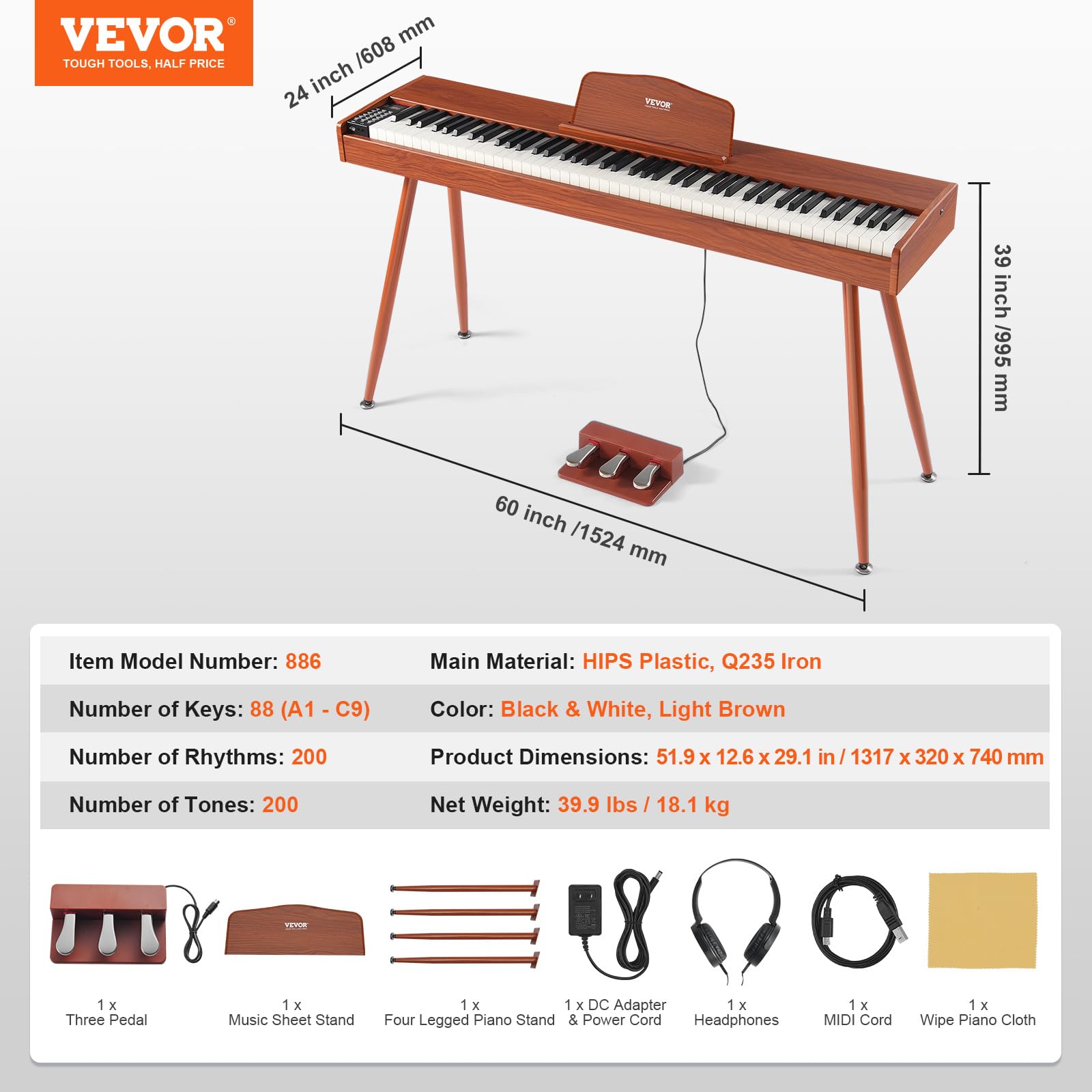 VEVOR 88-Key Fully Weighted Digital Piano with Stand - Professional Electric Keyboard with 200 Tones & Rhythms, Bluetooth/USB/MIDI Connectivity, Built-in Speakers & Headphone Jack - Perfect for Beginners, Home Practice & Studio Recording