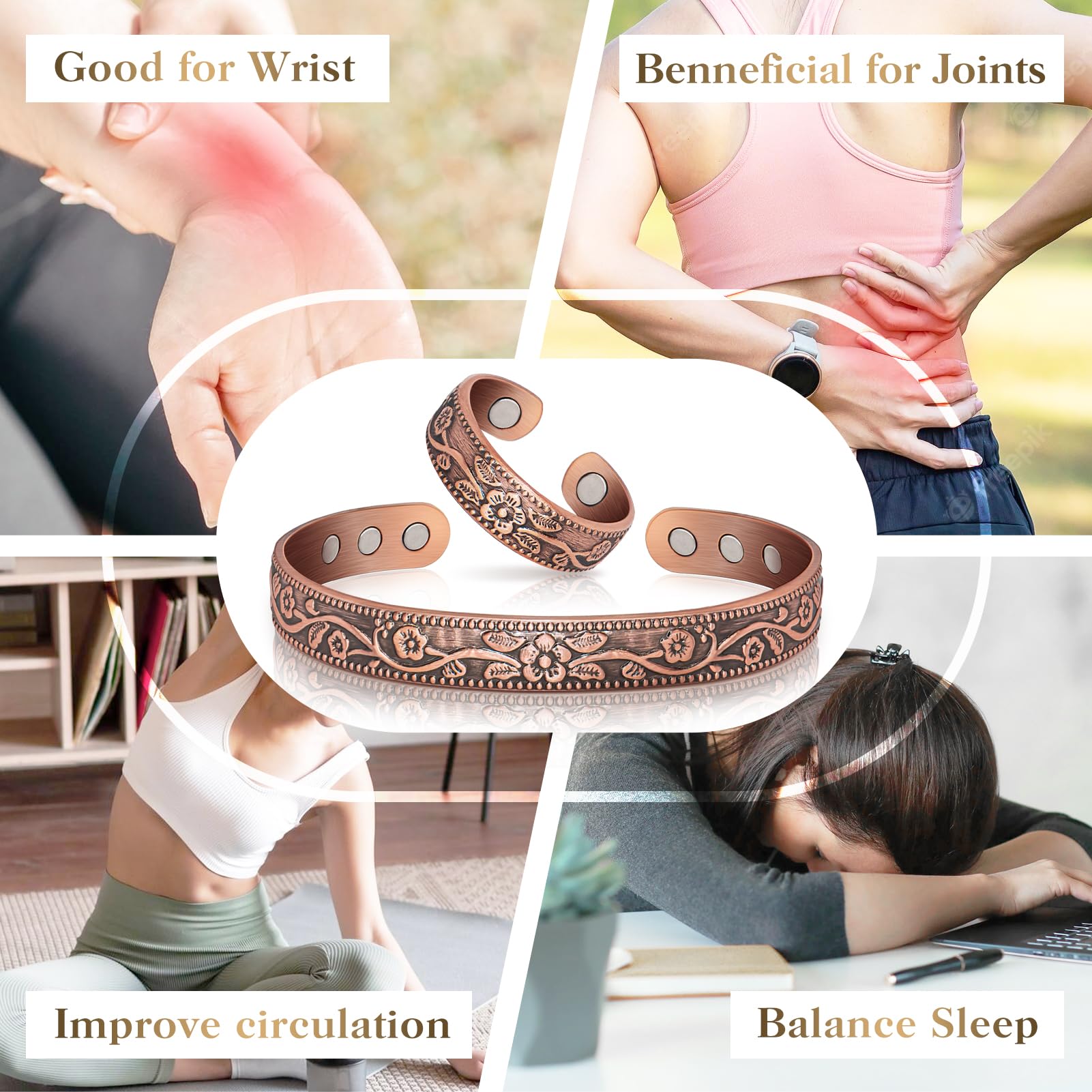 Lymphatic Drainage Ring & Copper Bracelet Set for Women - 100% Pure Solid Copper Magnetic Jewelry for Detox & Wellness - Perfect Gift for Spa, Yoga, and Relaxation Therapy