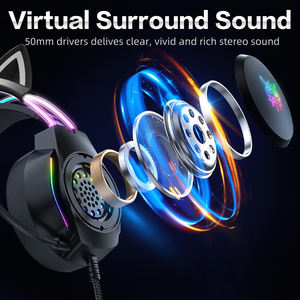 Cat Ear Gaming Headset with Microphone - RGB Rainbow LED Lights & Virtual 7.1 Surround Sound - Wired Over-Ear Headphones for PC, Laptop, PS4, PS5, Xbox, Nintendo Switch - Perfect for Streaming, Esports & Late-Night Gaming Sessions