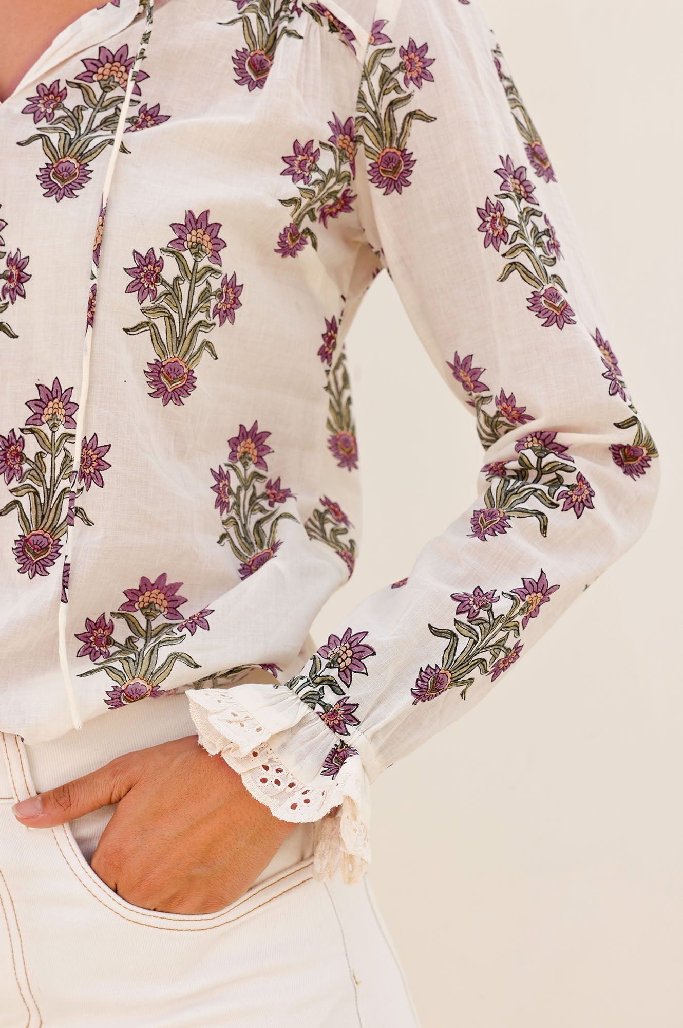 Rosie Organic Cotton Block Print Blouse - Vintage Wildflower Print in Cream, Red & Green | Boho Chic Top for Women | Perfect for Summer Outfits, Beach Vacations & Casual Wear