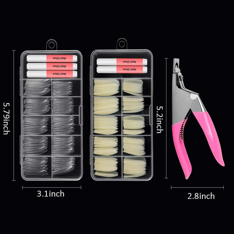 BELICIA 200PCS No Trace Coffin Long Ballerina Acrylic False Nails Set - Natural Clear Full Cover Long Coffin Nail Tips with Nail Cutter & Glue | Perfect for Salon, DIY Manicure, Party & Special Occasions