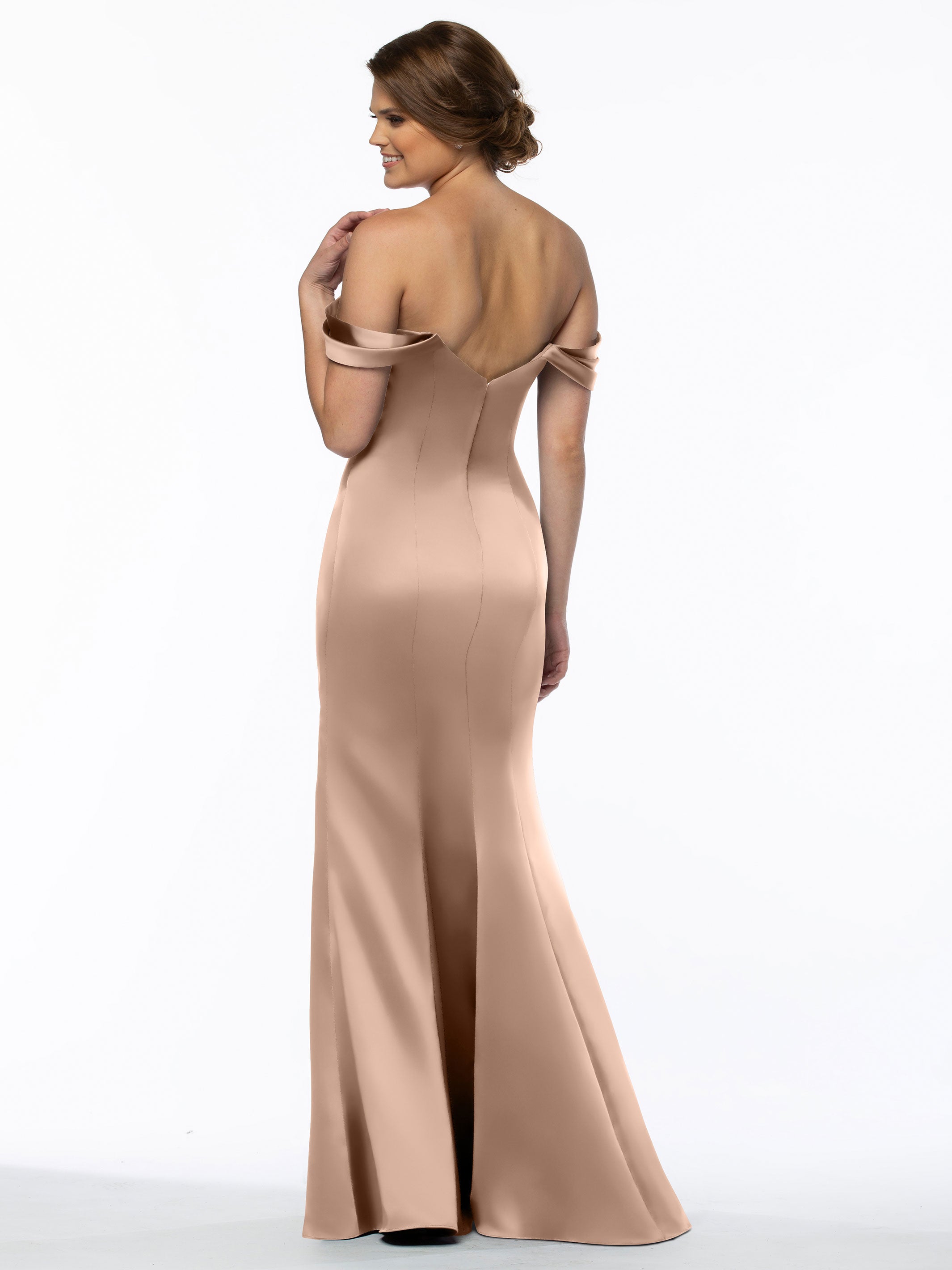 Elegant 80151 Fitted Satin Bridesmaid Dress with Off-The-Shoulder Sleeves - Perfect for Weddings, Formal Events & Special Occasions