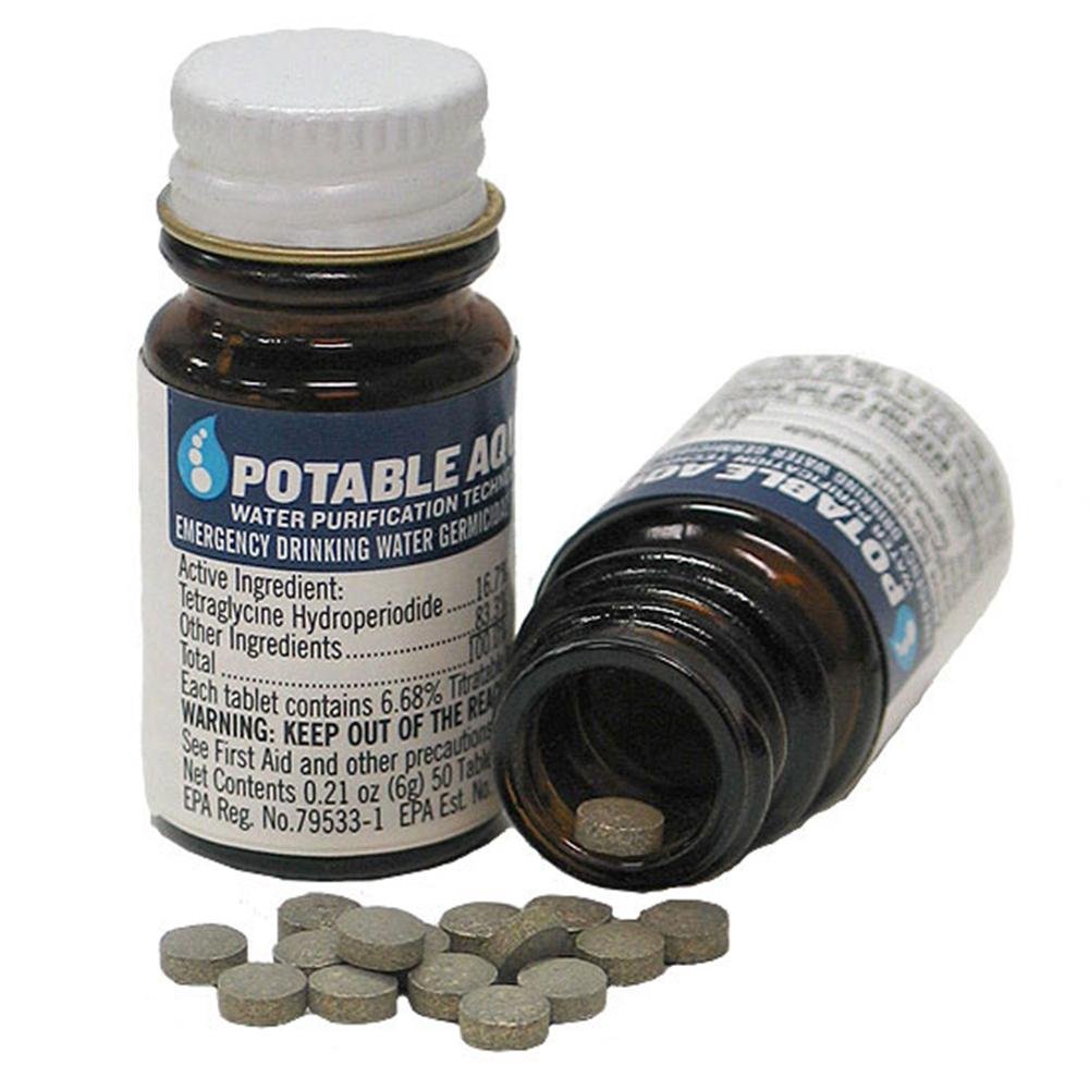 Potable Aqua Water Purification Tablets - 50 Count Bottle for Emergency, Camping & Travel - Safe Drinking Water Treatment for Hiking, Backpacking & Survival Kits
