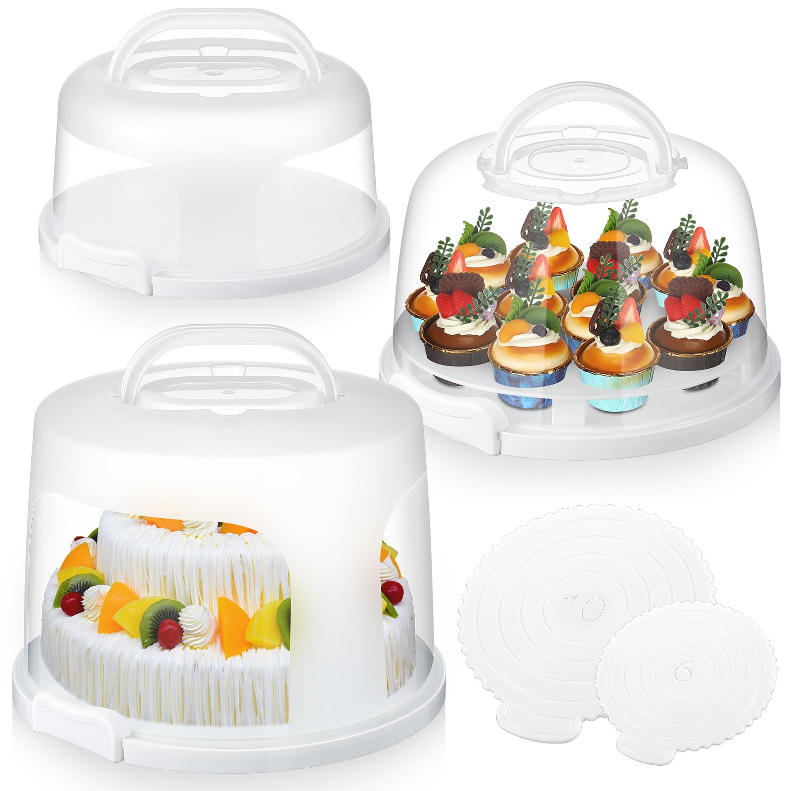 Baderke 3-Piece 10/11/12 Inch Round Plastic Cake Carrier with Lid & Handle - White Cake Stand for Cupcakes, Pies, Desserts - Perfect for Baking, Serving, Transport & Storage