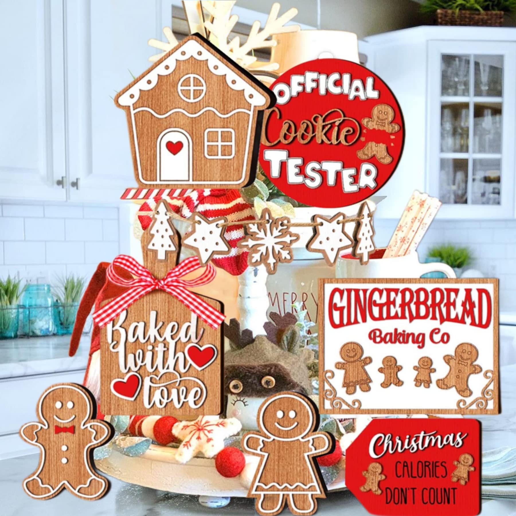 RIXINC 12-Piece Gingerbread Theme Winter Tiered Tray Decor Set - Farmhouse Christmas Tabletop Decorations, Wooden Signs for Coffee Bar, Home Party & Fireplace Shelf | Perfect for Holiday Home Decor, Christmas Parties & Cozy Winter Displays