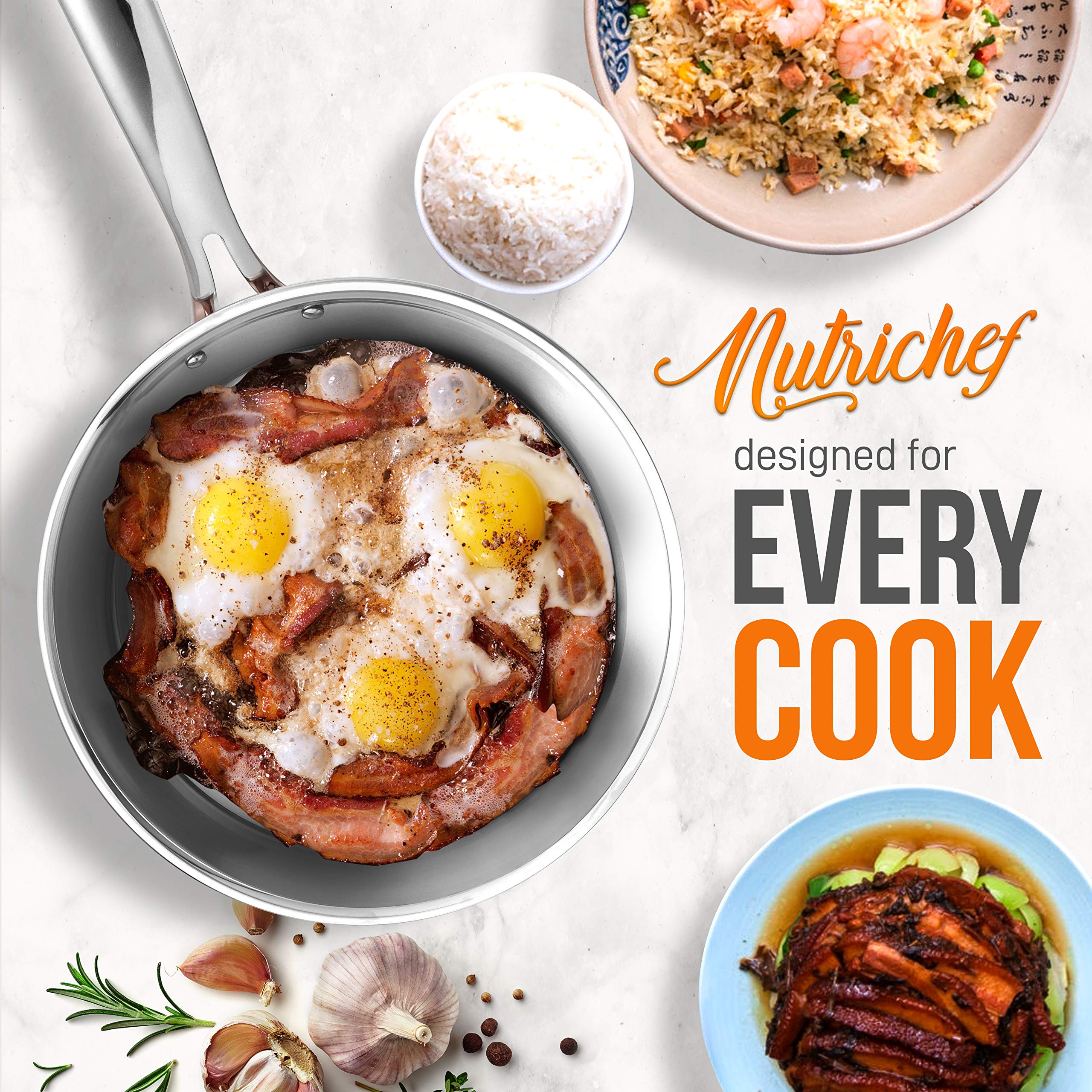 NutriChef 8-Piece Stainless Steel Cookware Set with Cast Iron Handles - Tri-Ply Copper Core for Even Heating - Includes Saucepan, Casserole, Frying Pan & Lids (NCCW8SS, White Silver) - Perfect for Home Cooking, Professional Kitchens & Gourmet Meal Preparation