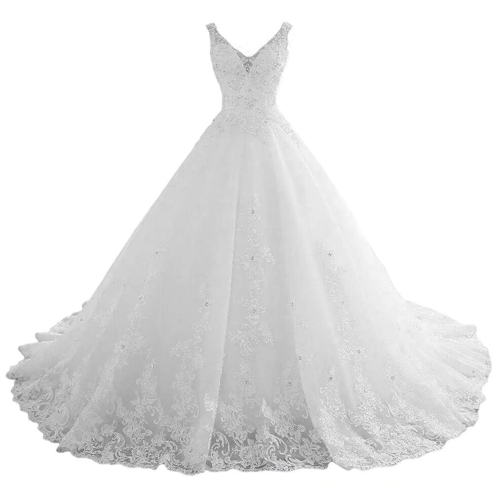 TRHTX Women's V-Neck Lace Wedding Dress with Beaded Appliques - Elegant Sleeveless White Bridal Gown for Bride | Perfect for Church Ceremonies, Beach Weddings & Formal Receptions