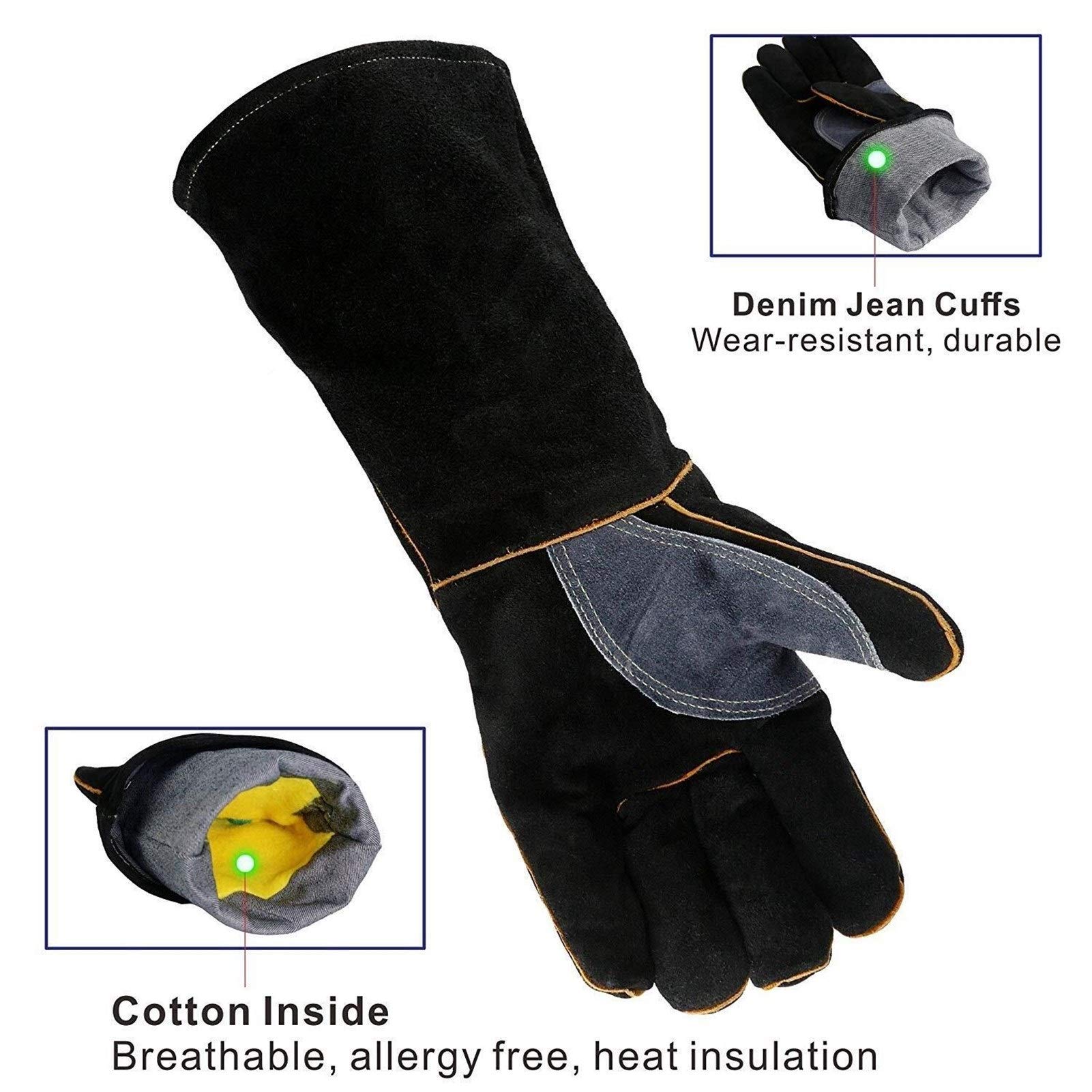 Heat & Fire Resistant Leather Gloves - 14 Inch Black Welding Gloves for Fireplace, Stove, Oven, Grill, BBQ & Animal Handling - Heavy Duty Thermal Protection for Cooking, Welding & Outdoor Activities
