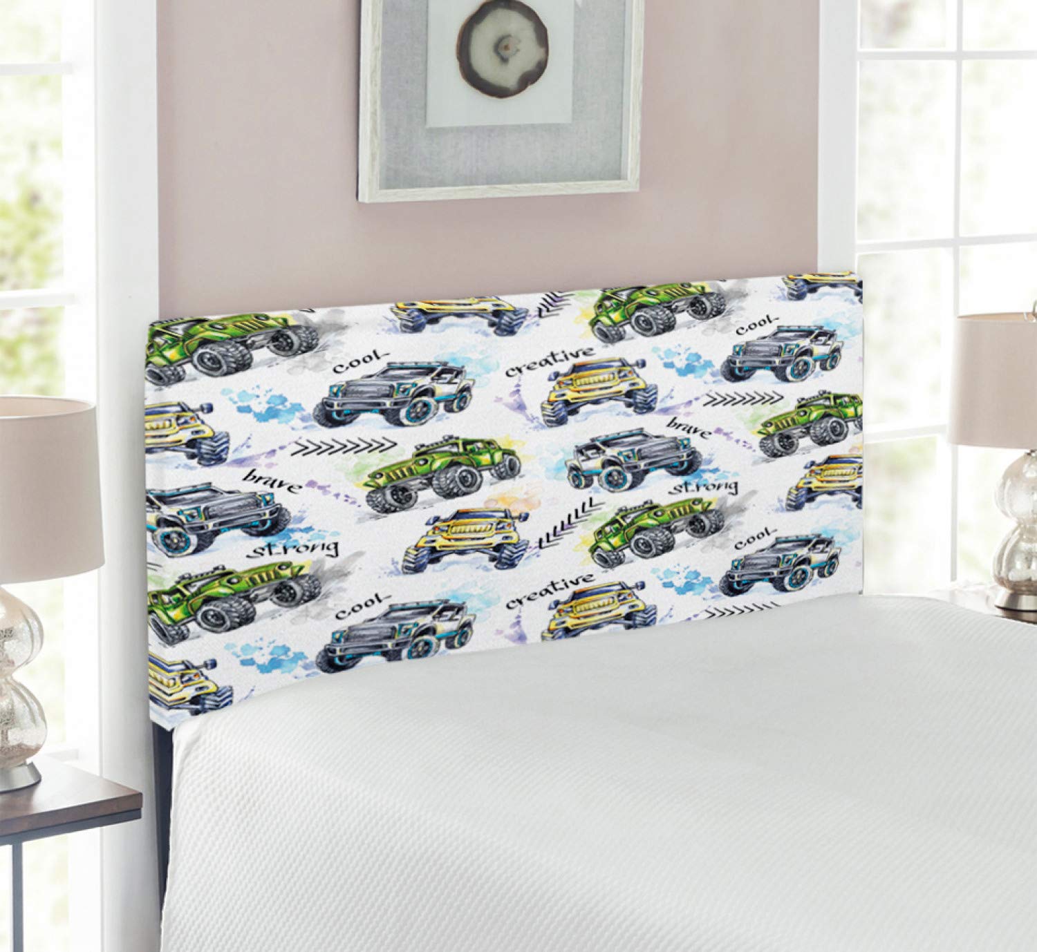 Ambesonne Cars Headboard - Hand Drawn Watercolor Monster Trucks with Oversized Wheels, Upholstered Decorative Metal Bed Frame with Memory Foam - Twin Size in Yellow Lavender Blue - Perfect for Kids' Bedrooms & Off-Road Themed Decor