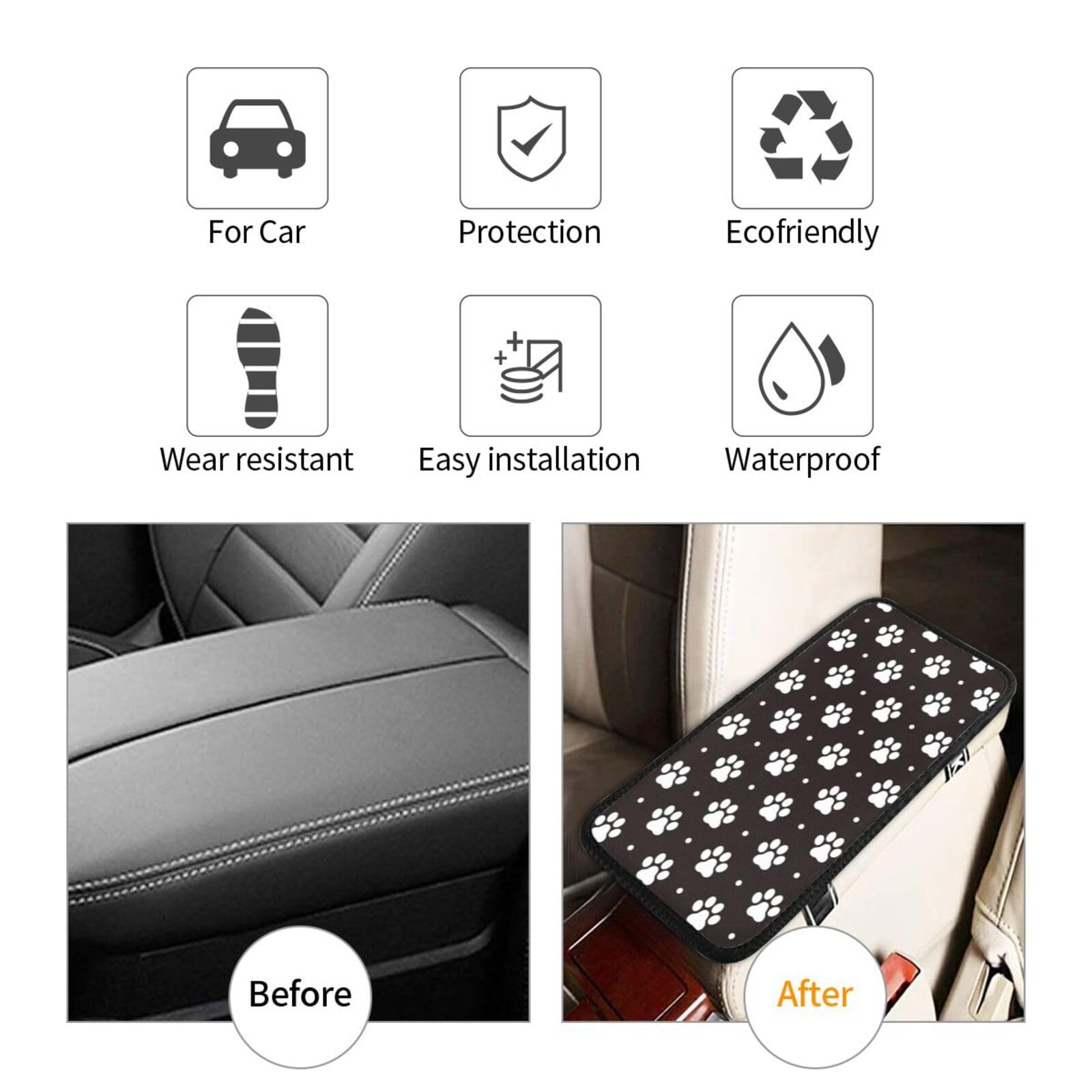 Universal Black and White Paw Print Dog Car Console Cover - Auto Armrest Pad for Sedan, Van, SUV & Truck | Pet-Friendly Vehicle Accessory for Road Trips & Daily Commutes