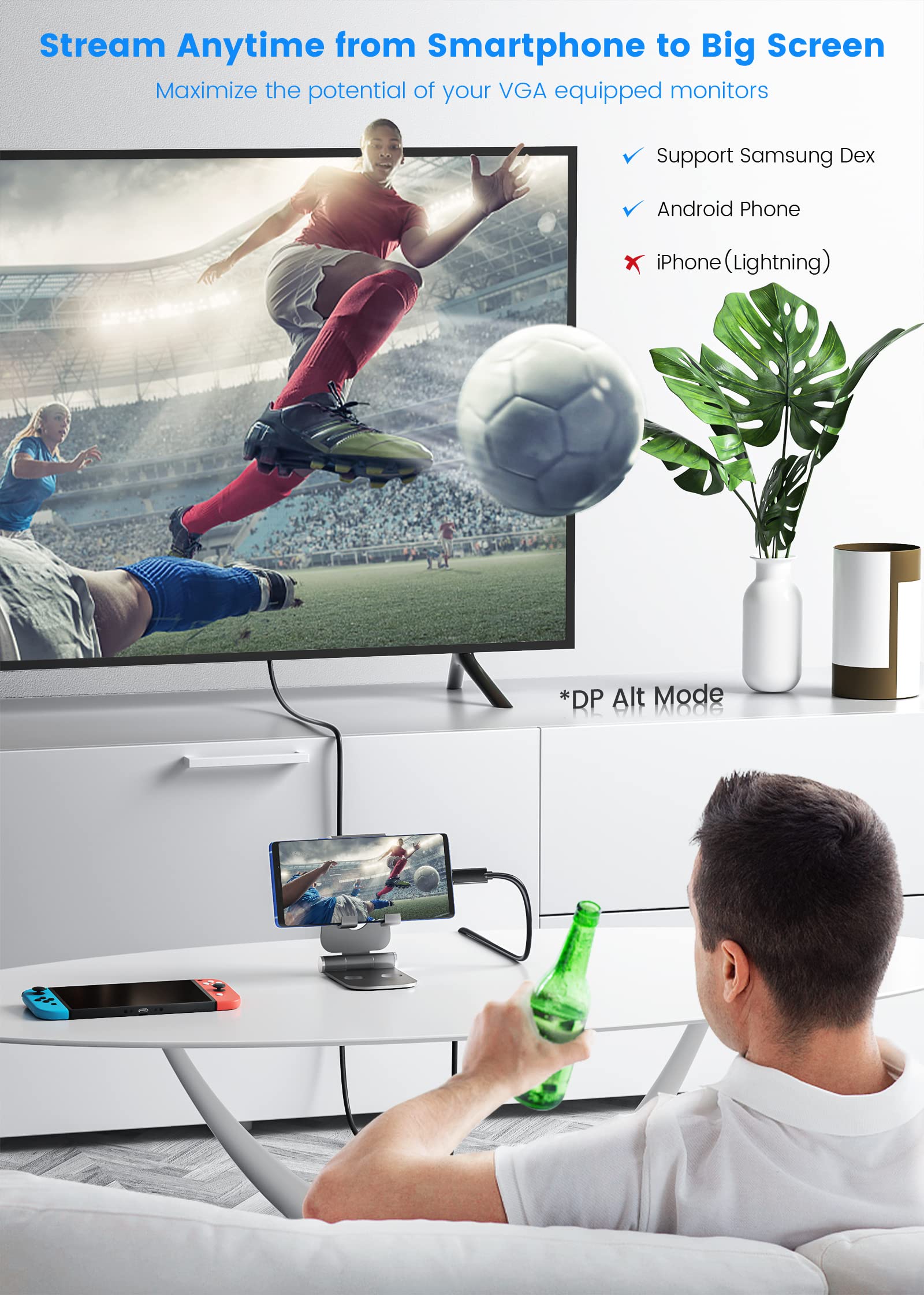 FOINNEX 10FT USB-C to VGA Cable - Thunderbolt 3/4 Compatible Adapter for MacBook Pro/Air, Dell XPS, HP, Lenovo - Connect Laptop to Monitor/Projector for Work Presentations & Home Theater