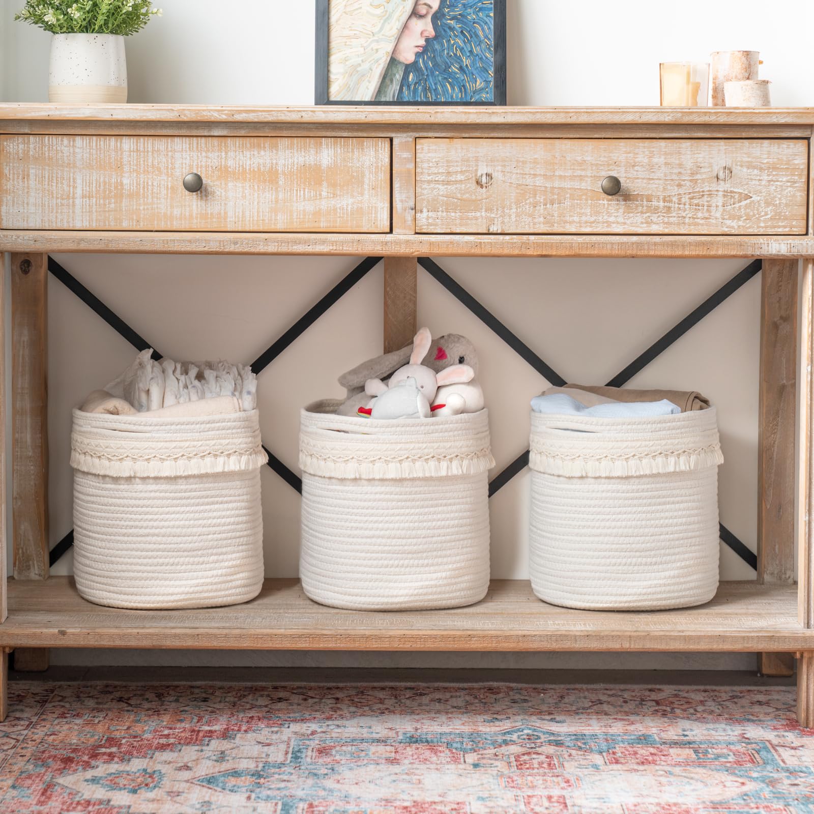Macrame Cotton Rope Basket - Boho Nursery Decor & Storage Organizer (11