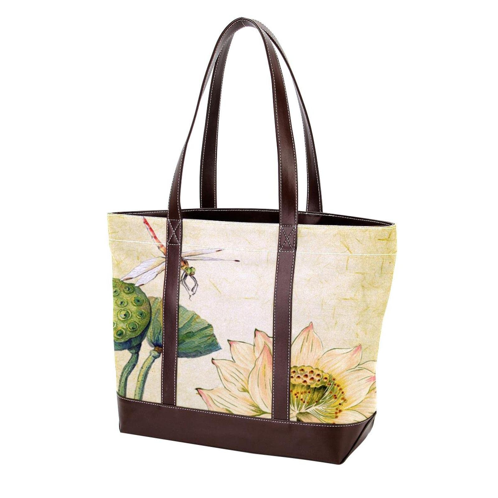 Stylish Vintage Chinese Lotus Dragonfly Tote Bag for Women - Large Beach Bag, Handbag, Laptop Shoulder Bag with Zipper - Perfect for Work, Travel & Shopping
