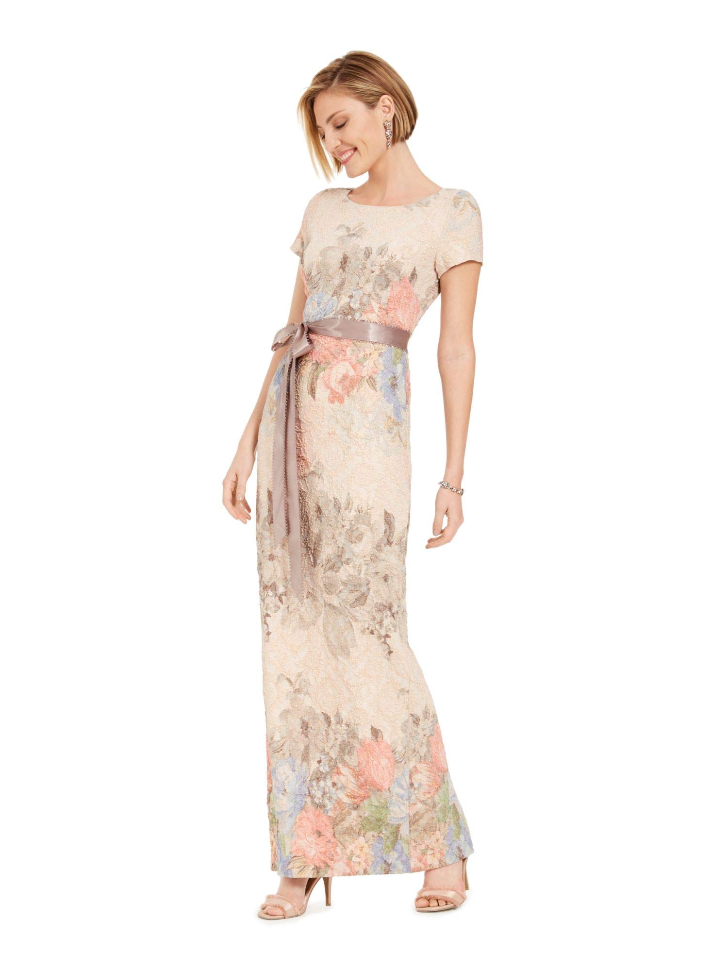 Adrianna Papell Women's Pink Floral Short Sleeve Jewel Neck Maxi Sheath Evening Dress Size 4 - Elegant Formal Gown for Cocktail Parties, Weddings, Prom & Special Occasions | Plus Size Options Available