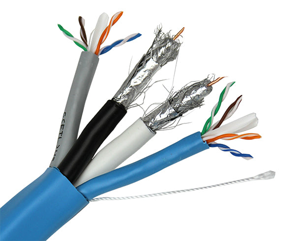 High-Speed Bundled Cable - 2x RG6U Quad Shield & 2x CAT6 600MHz 23AWG UTP Solid CMR Spool (500ft, Blue) - Perfect for Home Theater, Security Systems & Office Networking