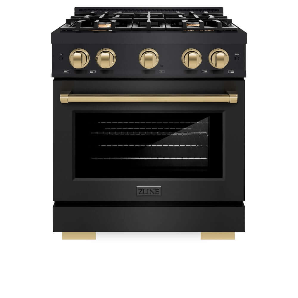ZLINE Autograph Edition 30-Inch 4.2 cu. ft. Gas Range with 4-Burner Cooktop & Convection Oven - Black Stainless Steel with Champagne Bronze Accents (HGRBZ 30 CB) - Perfect for Modern Kitchens & Professional Cooking