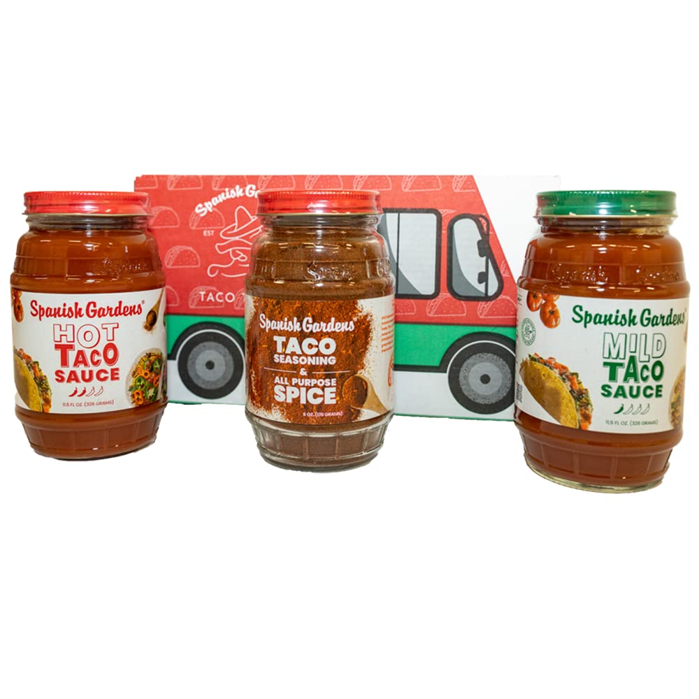 Authentic Mexican Taco Sauce & Seasoning Trio - Mild, Hot & Taco Seasoning - Original Family Recipe for Tex Mex Food - Perfect for Taco Nights, Mexican Dinners & Food Trucks