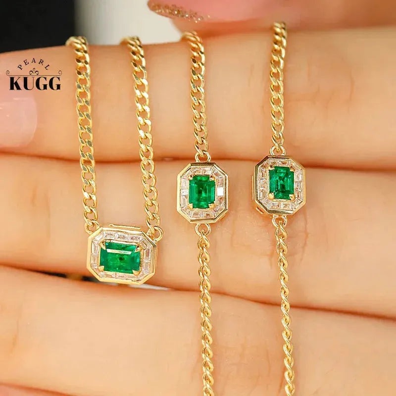18K Yellow Gold Bracelet for Women with Real Diamonds & Natural Emerald - T Shape Cuban Chain Design Jewelry Set (Bracelet & Necklace) | Perfect for Weddings, Anniversaries, and Special Occasions