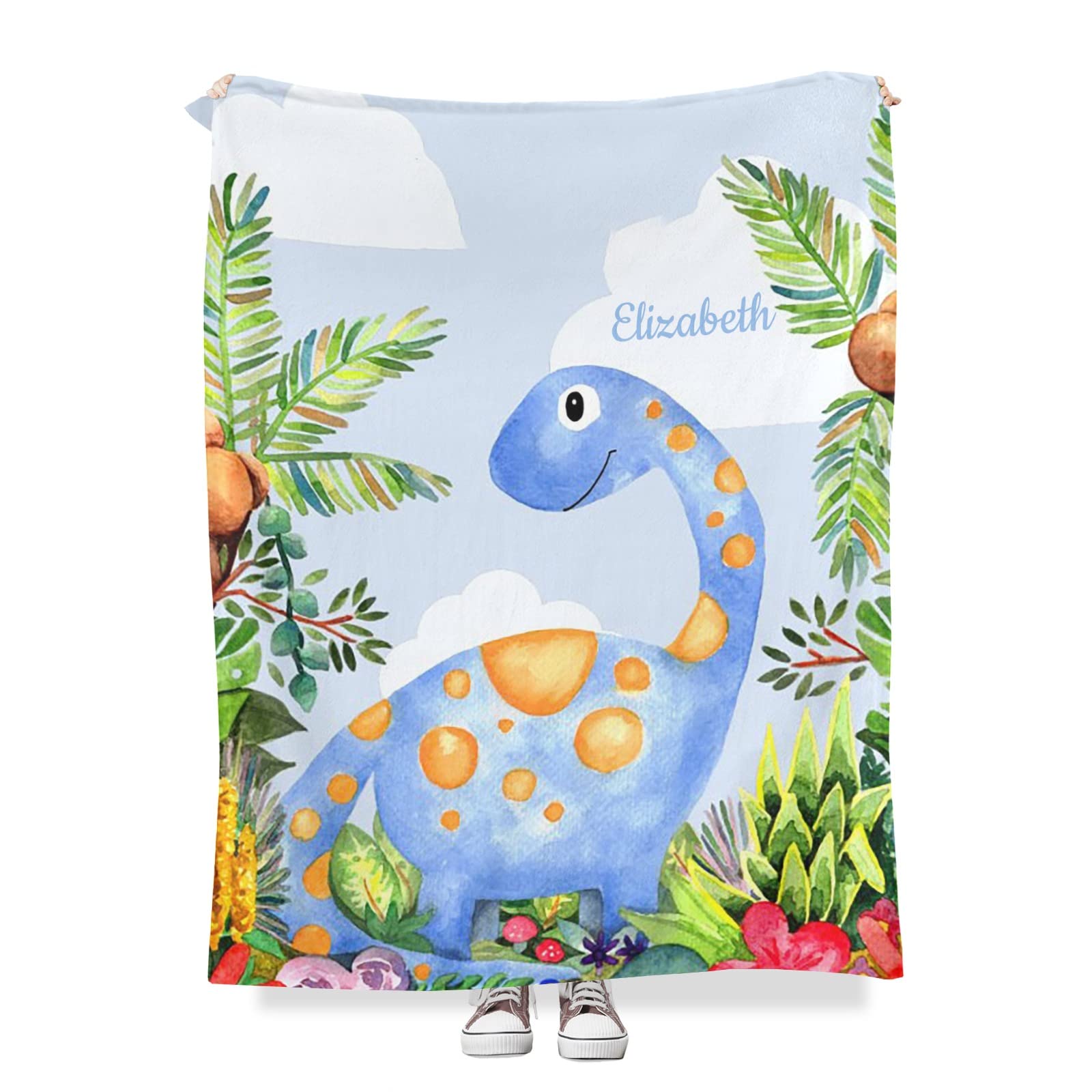 Custom Personalized Dinosaur Green Leaf Baby Blanket - Soft Fleece Swaddling Blanket 30