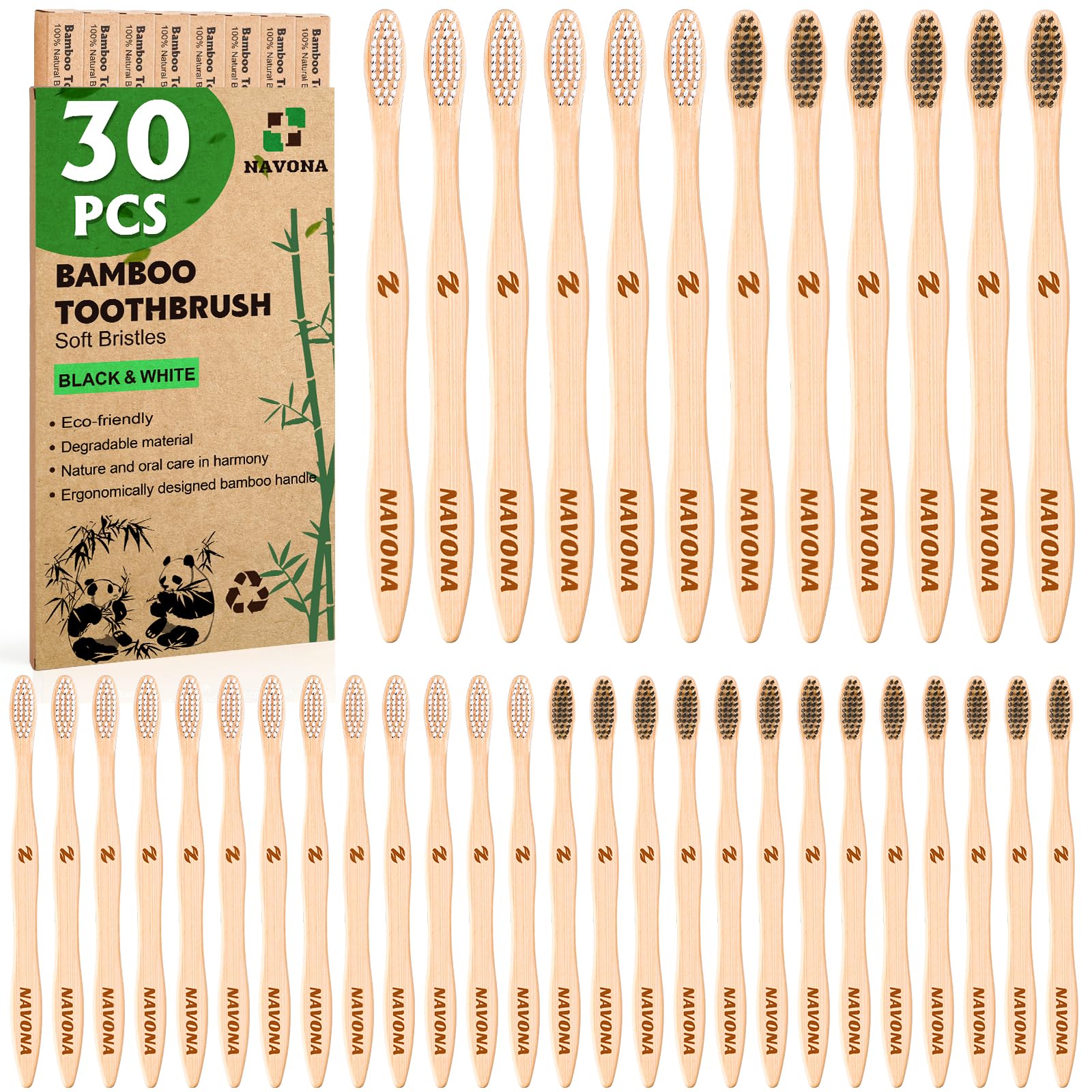 Eco-Friendly 30 Pack Bamboo Toothbrushes for Adults - BPA Free Soft Bristles, Natural Wooden Toothbrush Bulk Set with 2 Travel Cases | Sustainable Oral Care for Home, Travel & Zero Waste Lifestyle