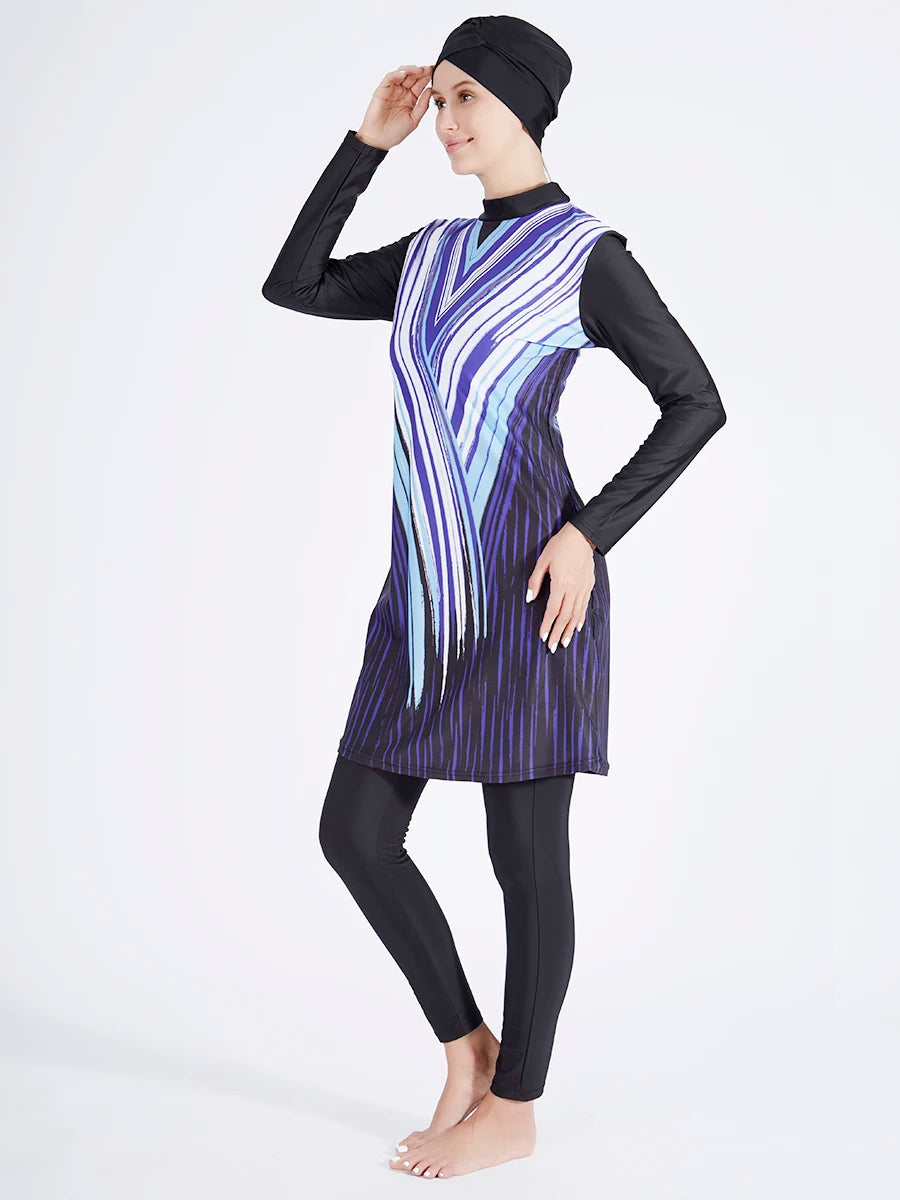 3PCS Women's Printed Hijab Long Sleeve Burkini Swimwear Set - Modest Swimwear for Muslim Women - Perfect for Beach, Pool & Water Sports