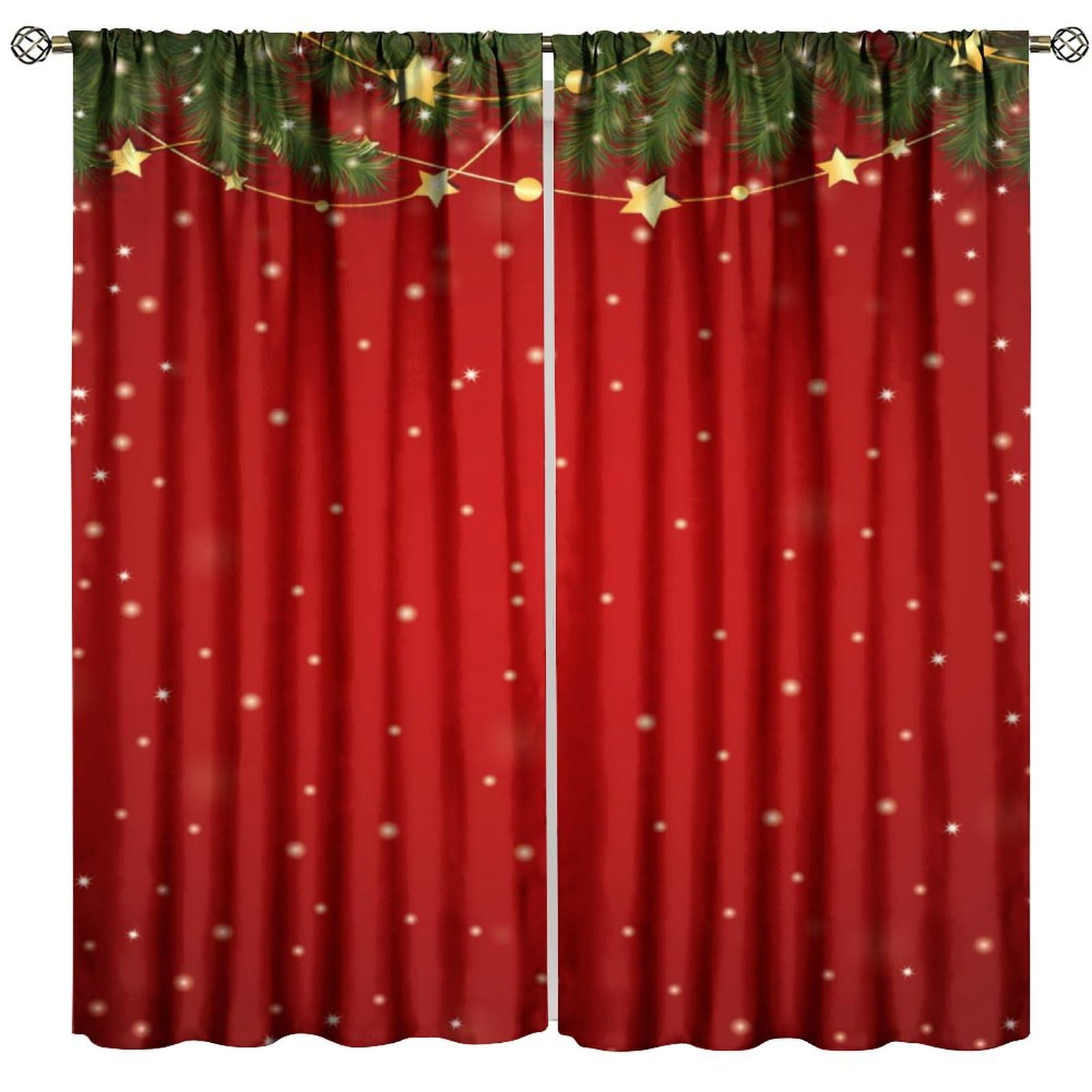 Christmas Window Curtains - Blackout Rod Pocket Curtains with Merry Christmas Red Background & Star Snowflake Pattern, 42