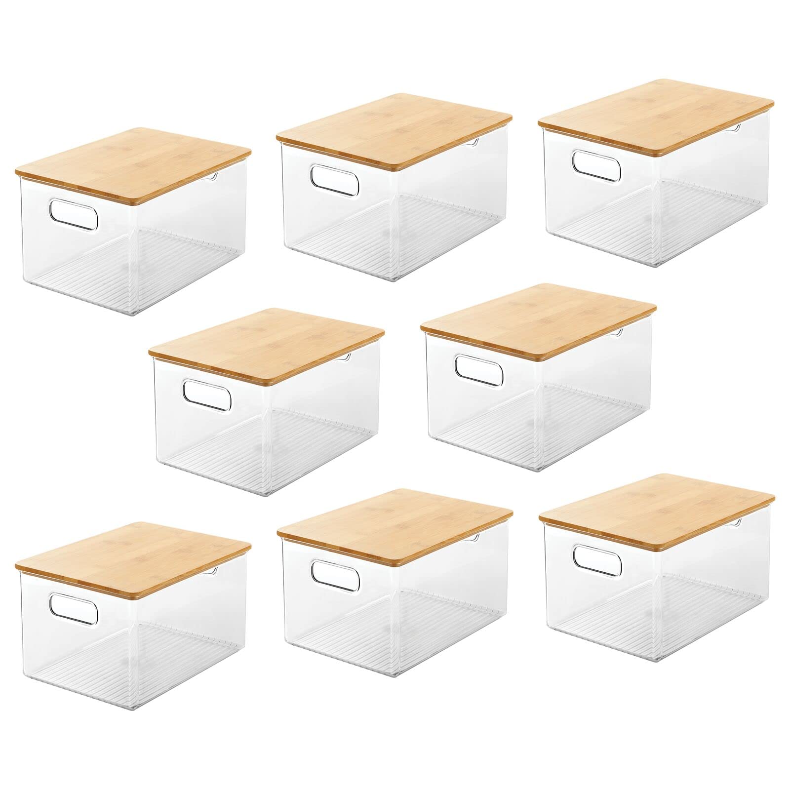 mDesign Plastic Stackable Kitchen Pantry Cabinet Organizer - 8-Pack Clear/Natural Food Storage Bins with Bamboo Lids & Built-In Handles - Perfect for Organizing Fruits, Snacks, Pasta & Jars in Pantry, Cabinet or Countertop - Ligne Collection