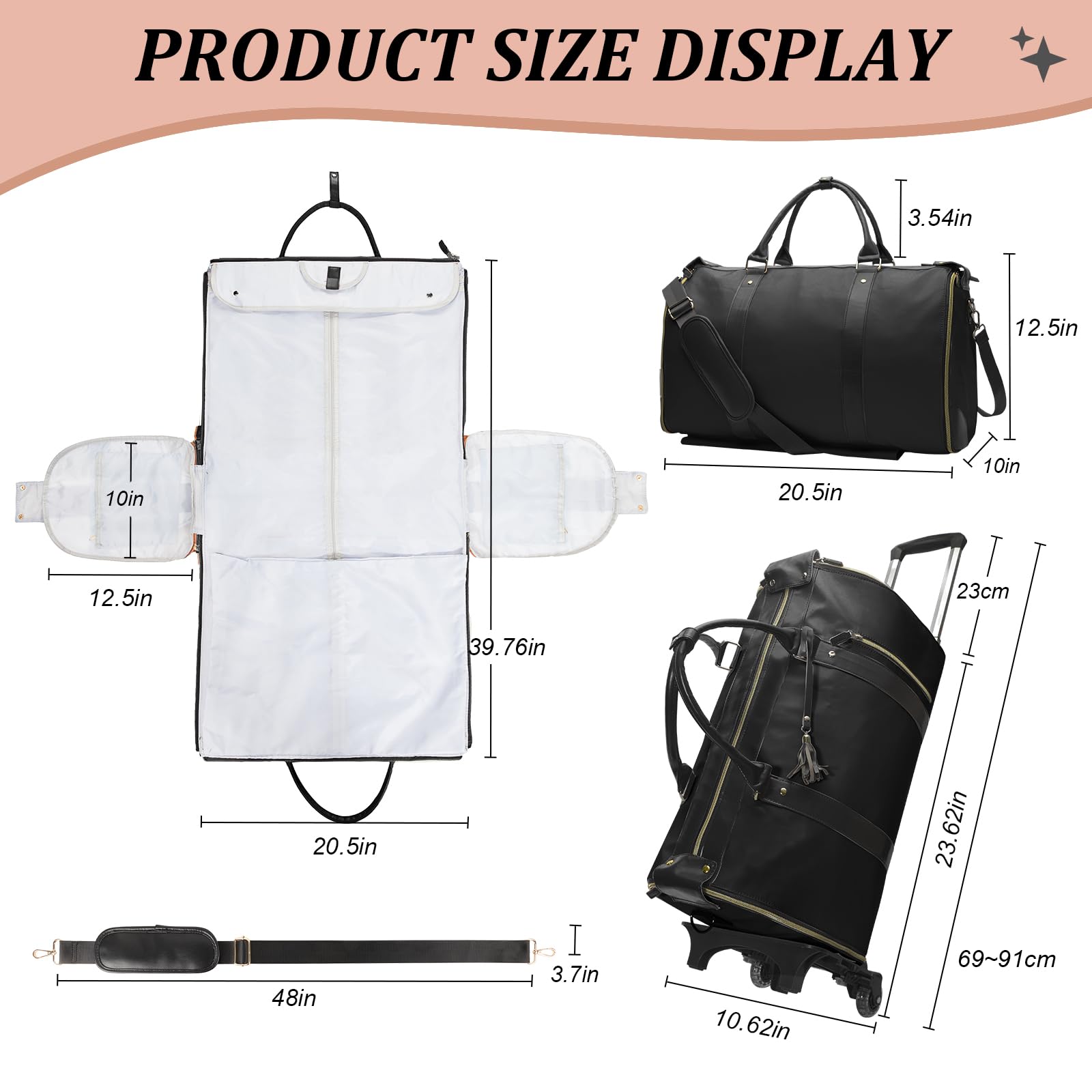Rolling Garment Bag for Travel - Large Convertible Wheeled Duffel Carry On Luggage with Wheels, Weekender Bag for Women & Men (Black) - Perfect for Business Trips, Vacations & Airplane Travel