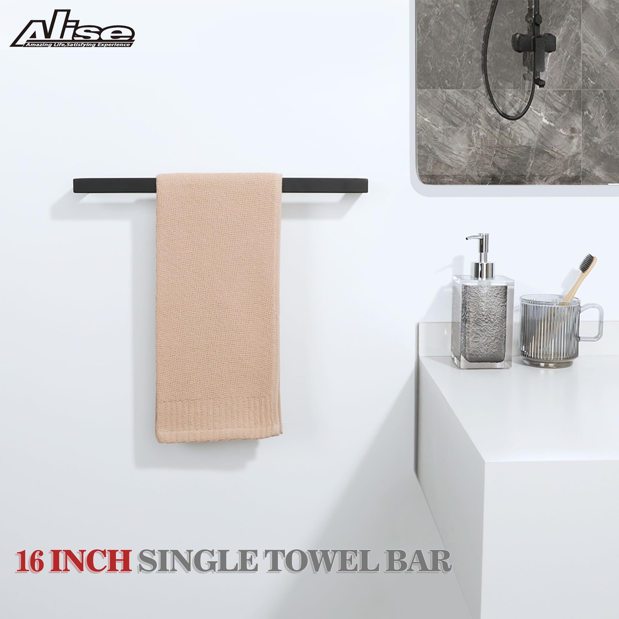 16 Inch Stainless Steel Towel Bar - SUS304 Matte Black Bathroom Towel Holder for Hand & Bath Towels - Wall Mounted Towel Rack for Bathroom, Lavatory & Spa - Durable & Rustproof Design