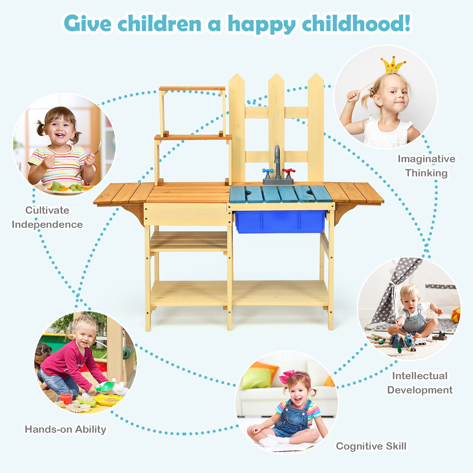 Costzon Kids Mud Kitchen Outdoor - Wooden Pretend Play Kitchen Set with Removable Sink, Faucet & Storage Shelves - Mud Table Playset for Boys & Girls Ages 3+ - Perfect for Backyard, Garden & Outdoor Pretend Play