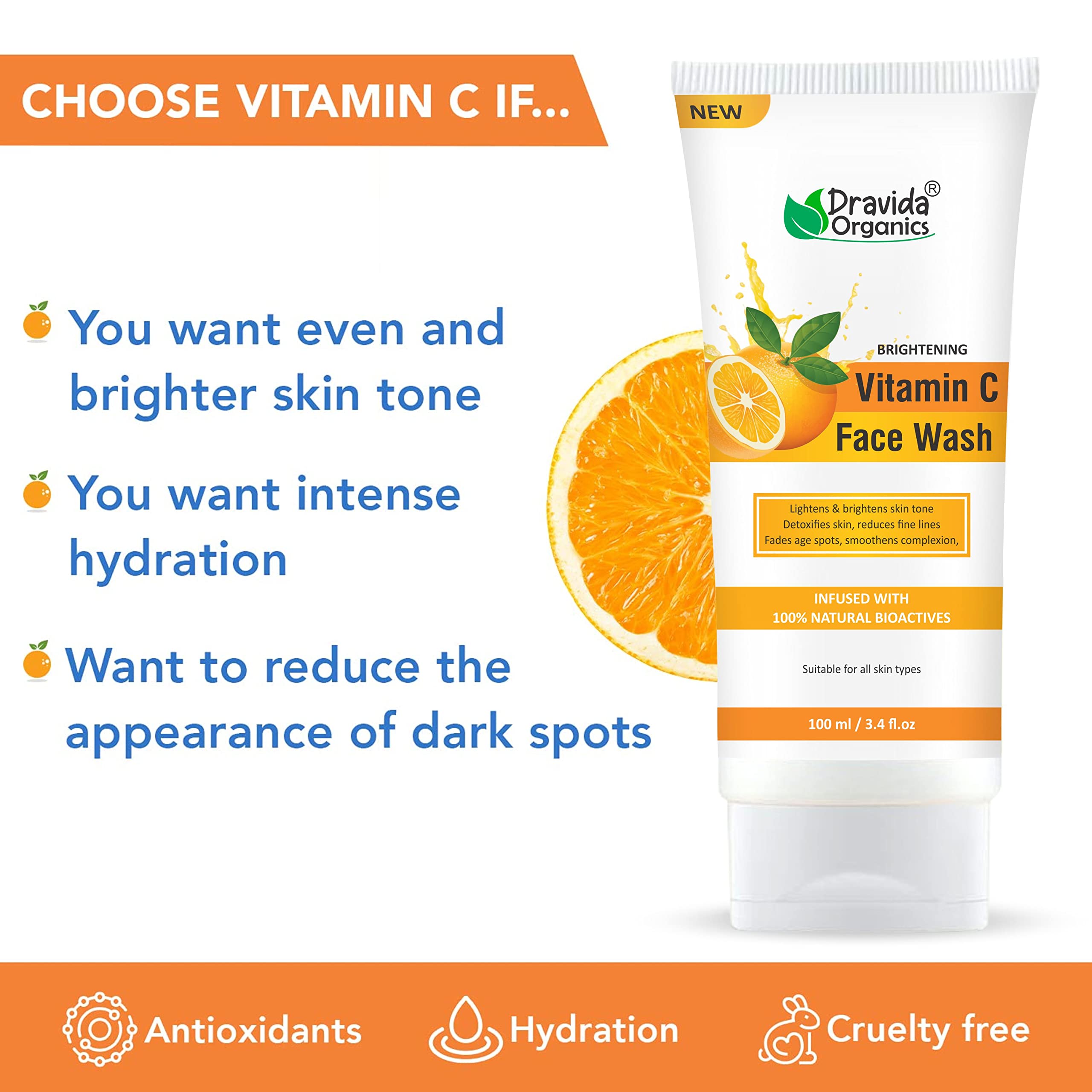 Dravida Organics Vitamin C Serum with Aloe Vera for Skin Brightening & Glow - 100ml | Face Care for Dark Spots, Dullness & Anti-Aging | Day & Night Skincare Routine