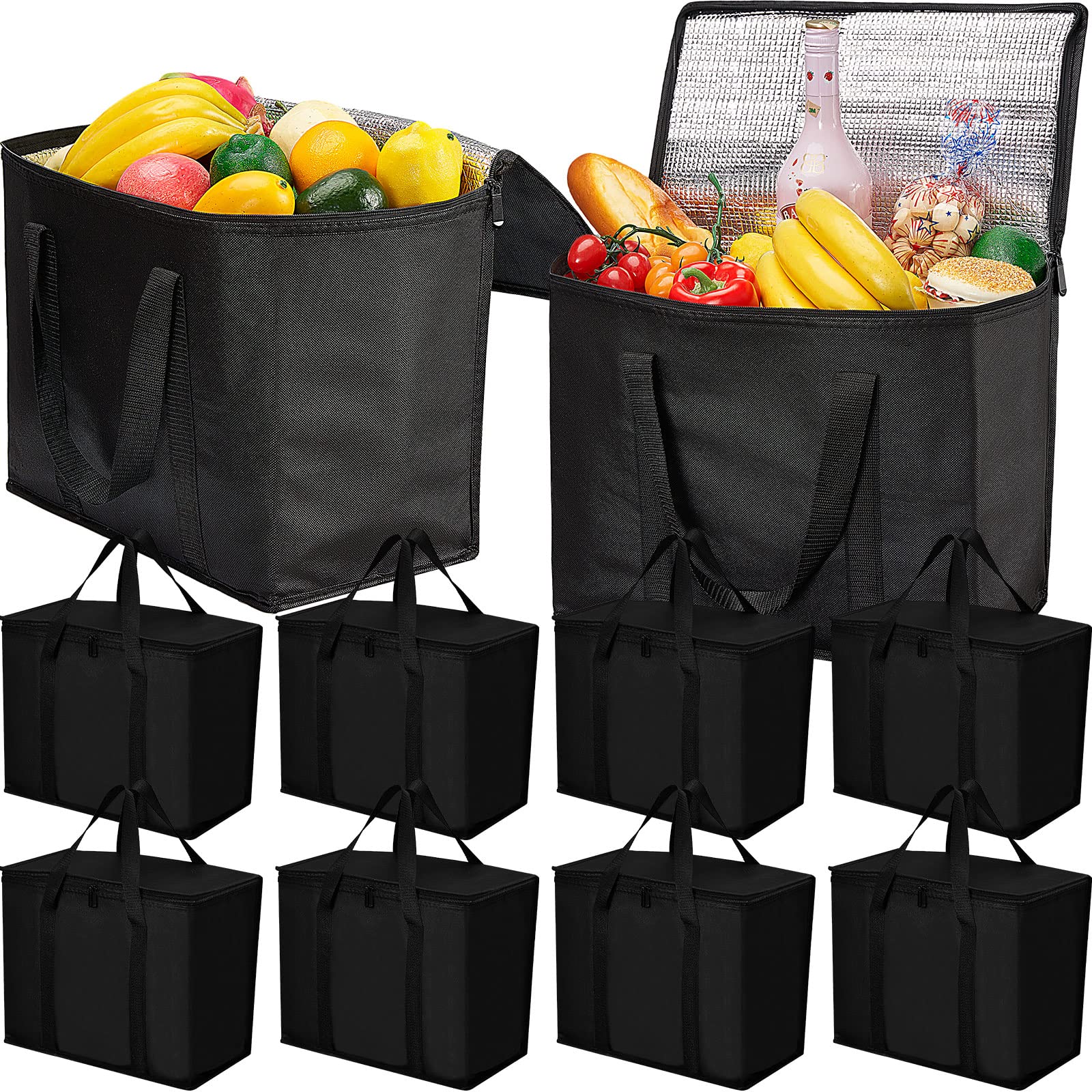 Honeydak 10 Pack Insulated Reusable Grocery Bags with Zipper & Handles - 40 x 22 x 33 cm Thermal Shopping Bags for Groceries, Food Delivery, Picnics & Camping