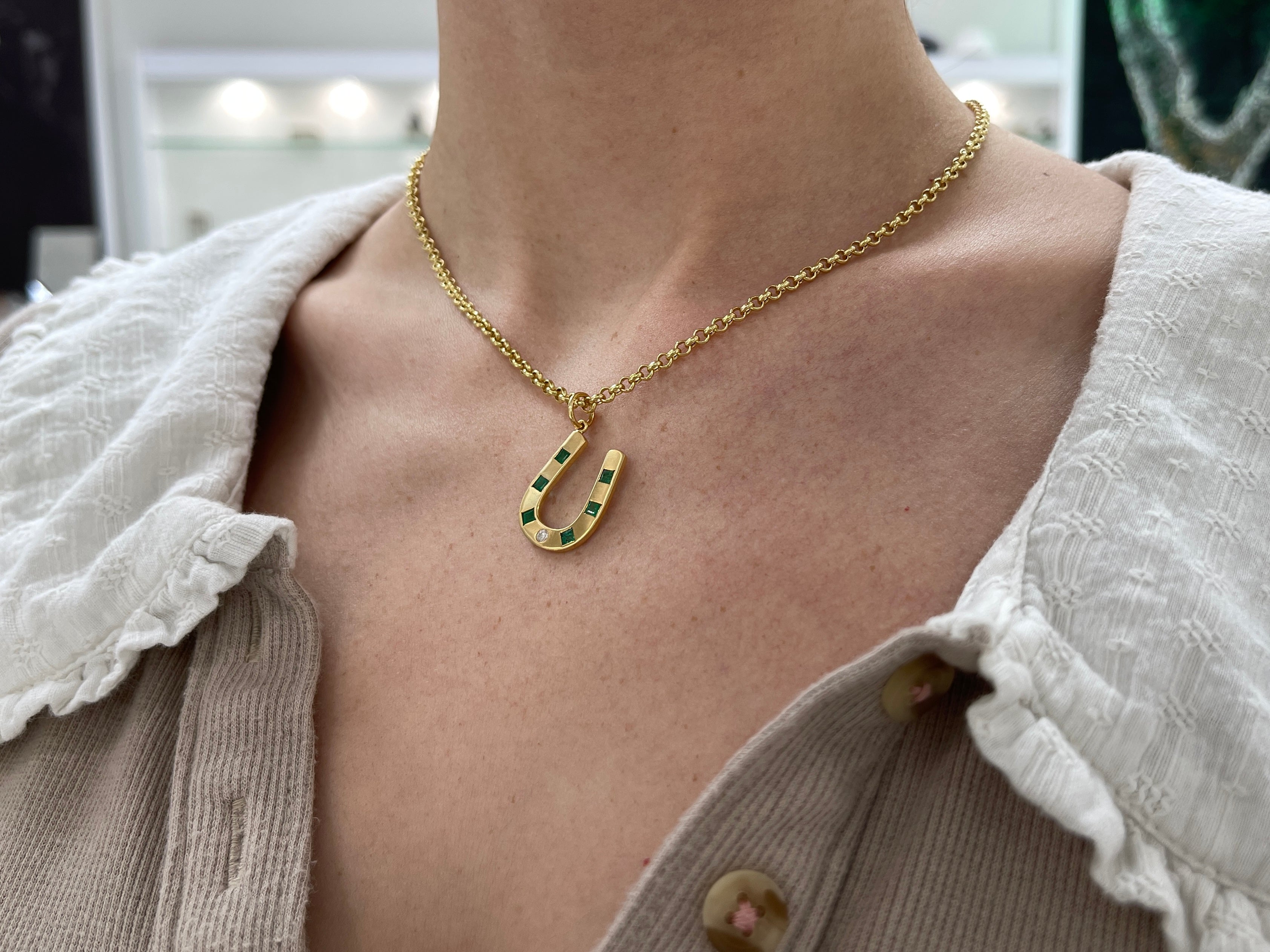 0.66tcw 14K Gold Brushed Emerald & Diamond Horseshoe Pendant Necklace - Elegant Jewelry Gift for Women, Perfect for Birthdays, Anniversaries & Special Occasions