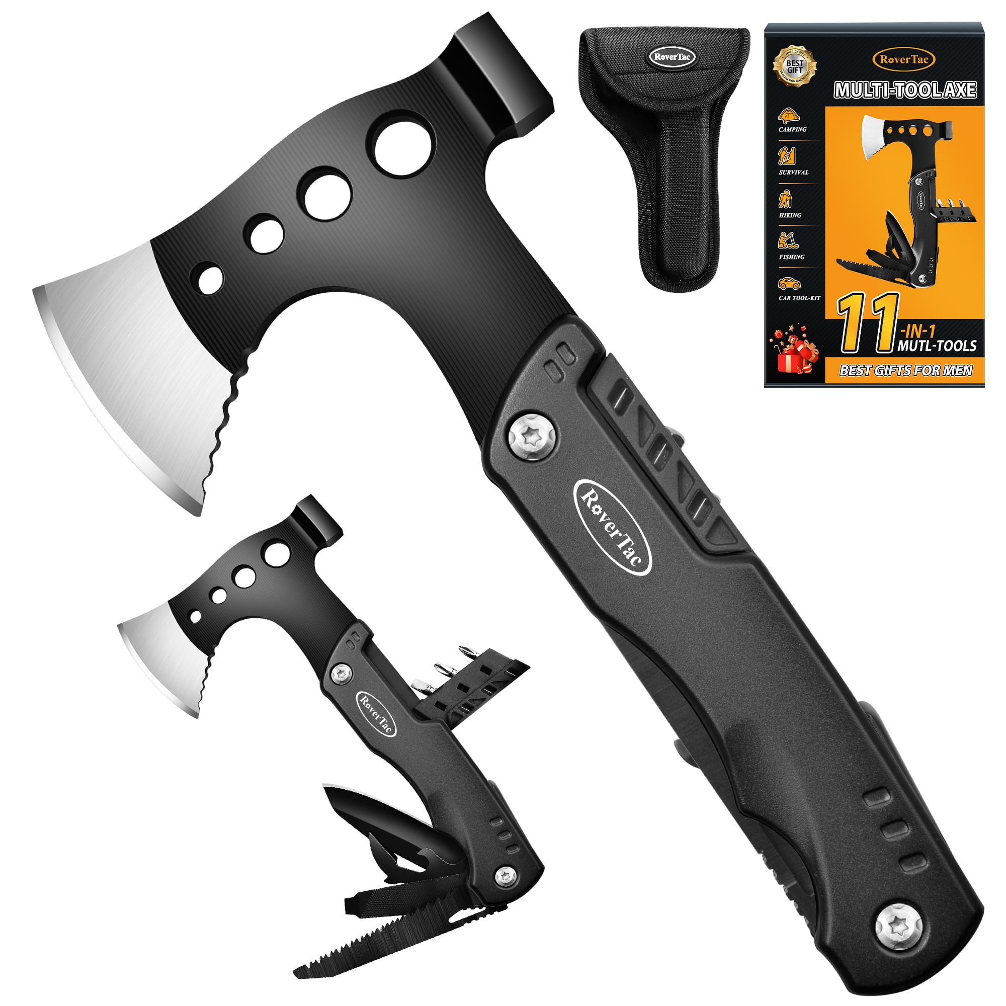 RoverTac 11-in-1 Multi Tool Camping Axe with Knife, Hammer, Saw & Bottle Opener - Survival Gear for Men - Perfect for Camping, Hiking & Outdoor Adventures