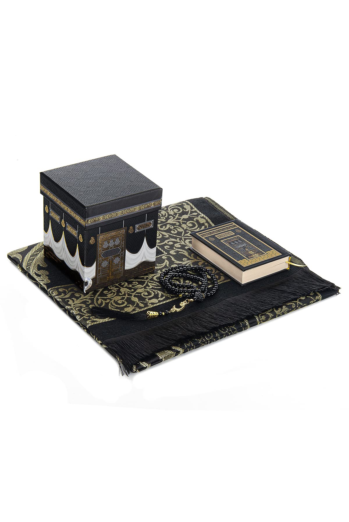 Premium Muslim Prayer Rug with Kaaba Design - Islamic Salah Mat for Worship, Namaz Rug & Sajadah - Gift Box Included - Perfect Islamic Gift for Men & Women - Black - Ideal for Home, Mosque & Travel Prayer