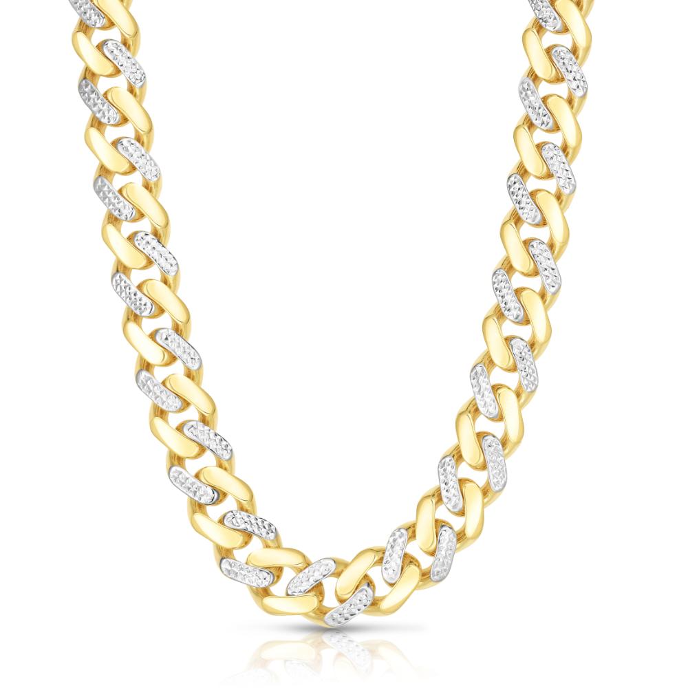 14K Gold 11.5mm 24-Inch Alternating White Pave Light Miami Cuban Link Chain - Perfect for Men's & Women's Fashion, Gift Giving & Everyday Wear