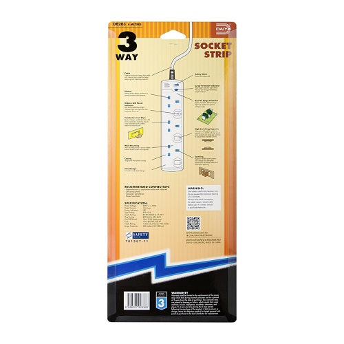 DE 283 LED 3-Way Socket Strip with Surge Protection | 3M & 6M Extension Cord | Perfect for Home Office, Workshop & Holiday Lighting